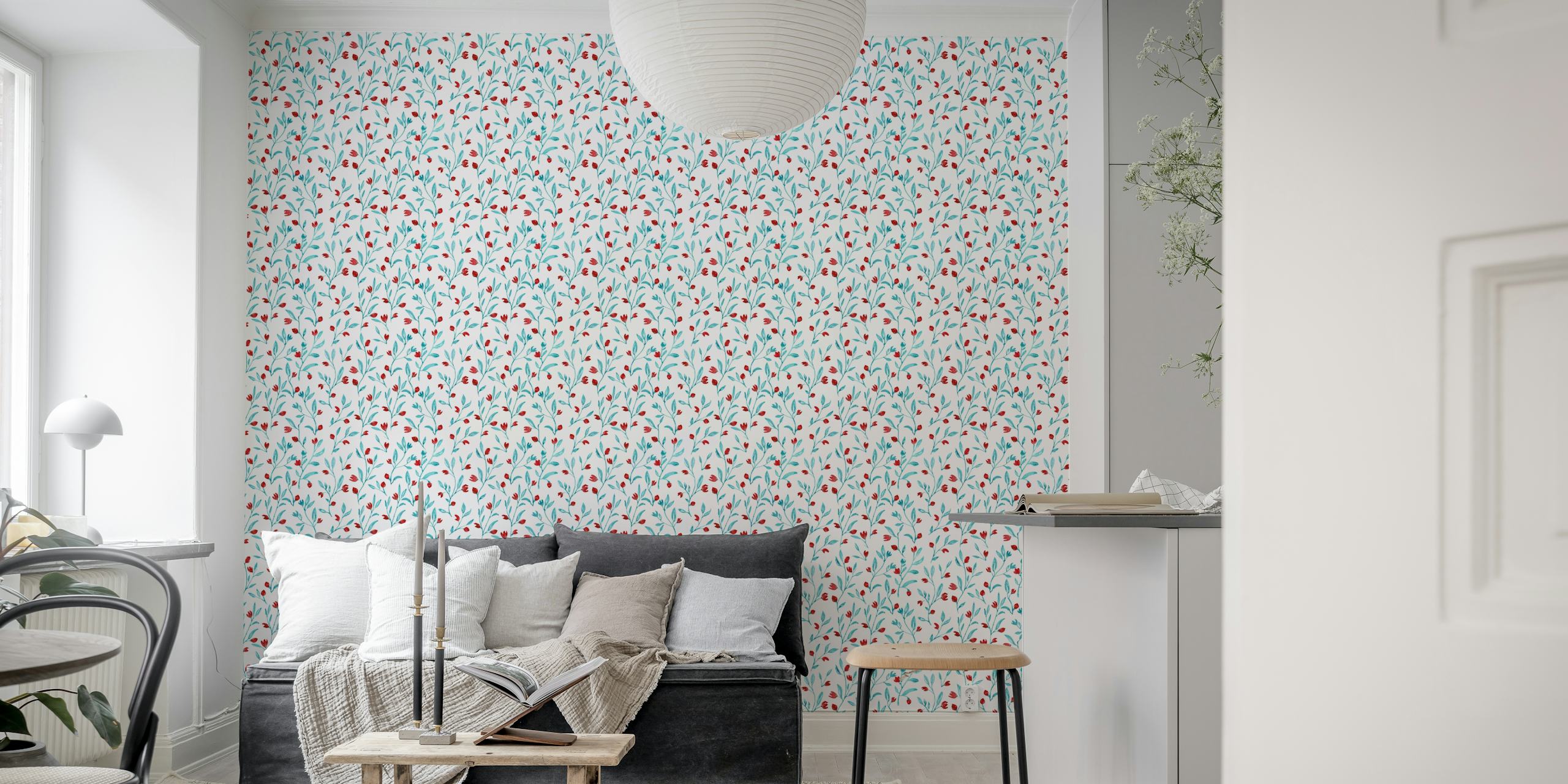 Een close-up van de Little Flowers by Flavie muurschildering met kleine, ingewikkelde bloempatronen.