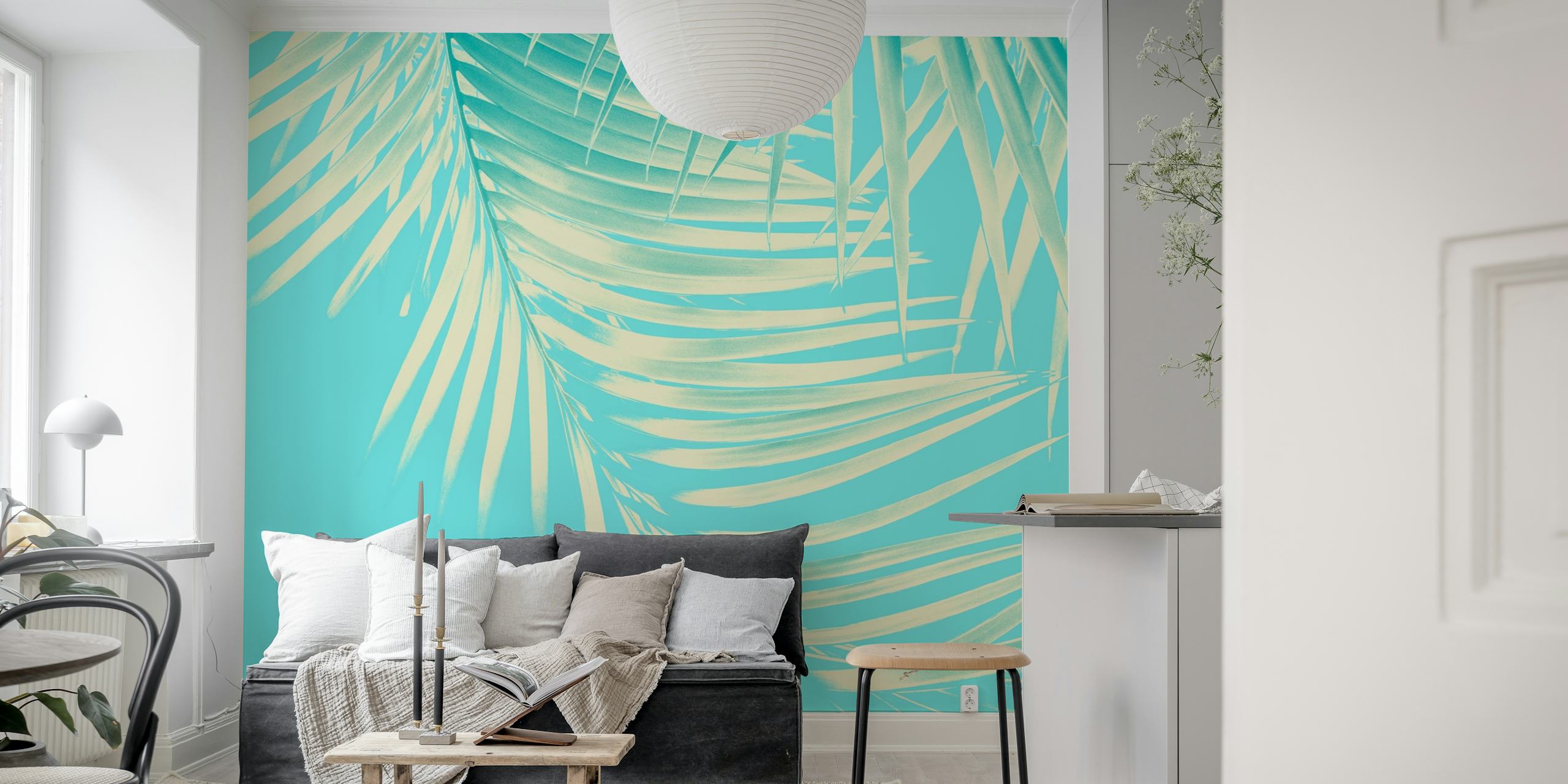 Palm leaves wallpaper in a room setting