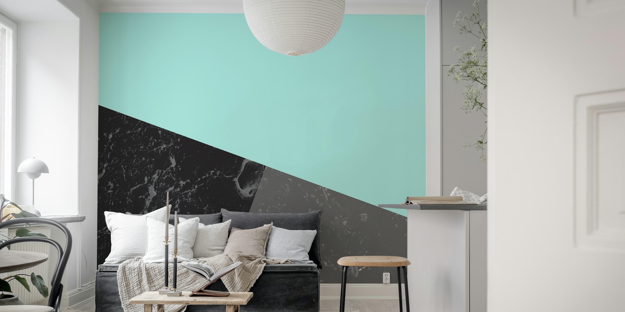Marble Geometric Mint Black wallpaper displayed in a room