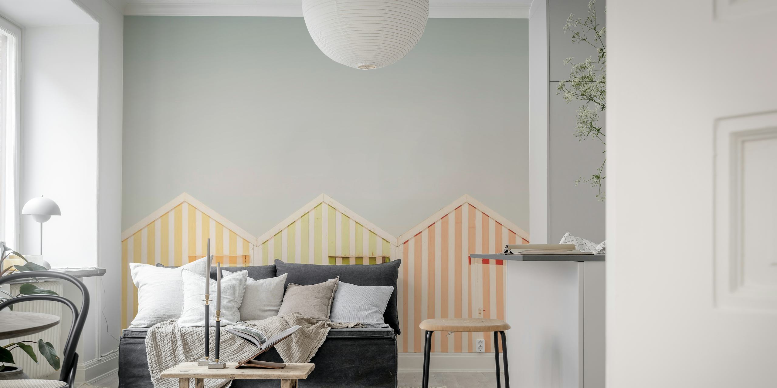 Beach Huts wall mural in pastel stripes with clear sky background