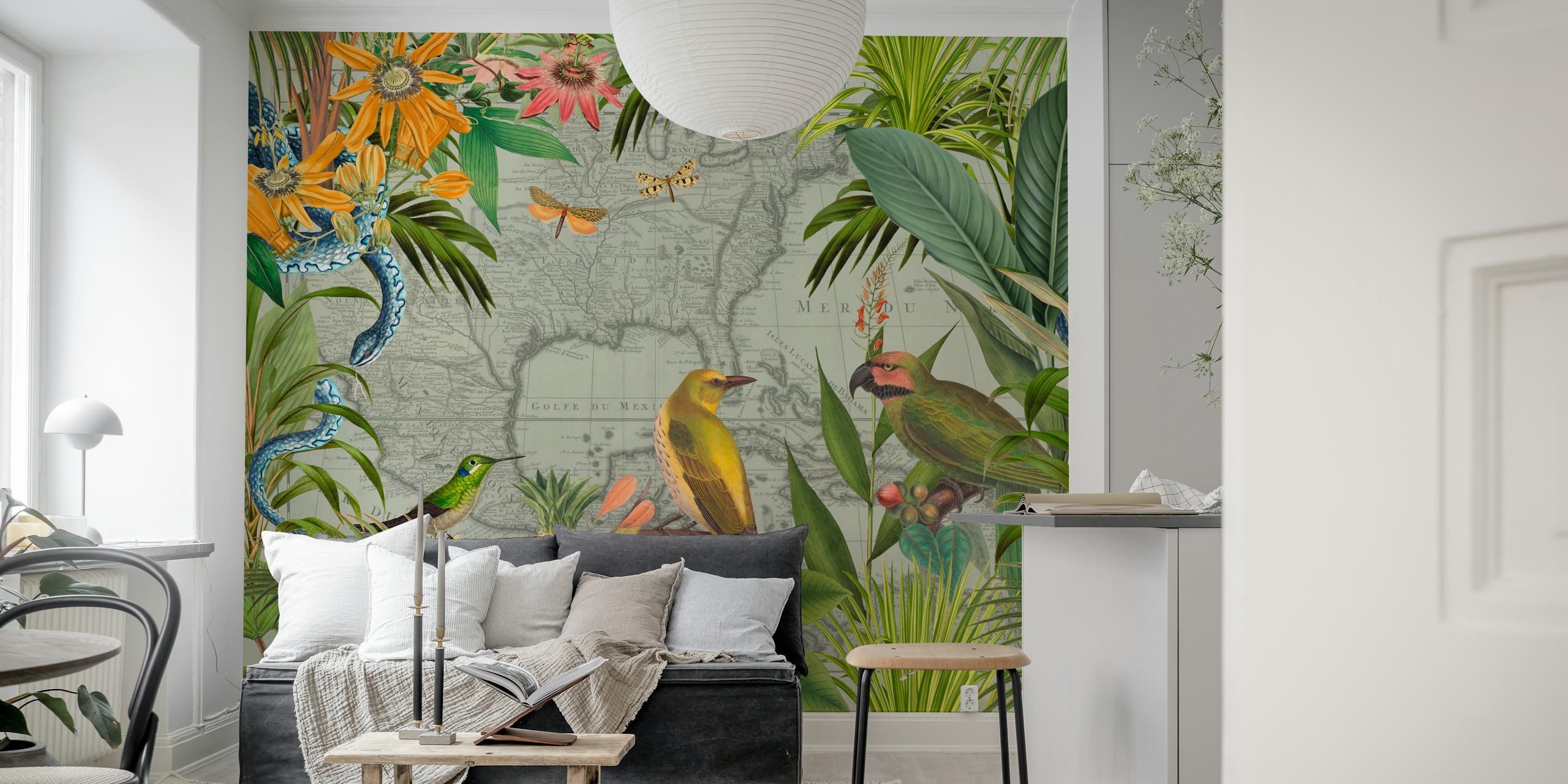 Birds and tropical flowers on an old map background wallpaper