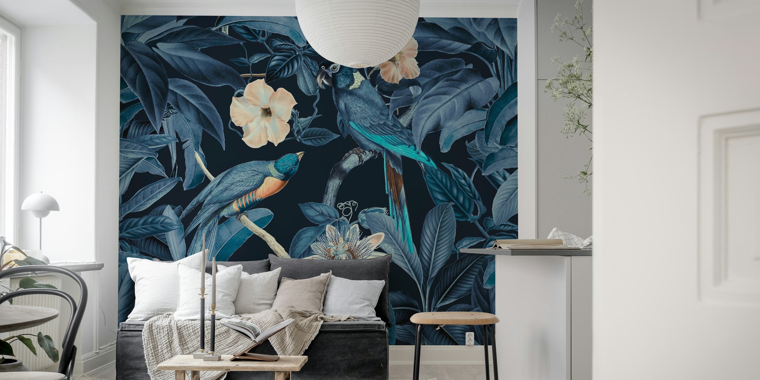 papel de parede Midnight Jungle Birds em um quarto
