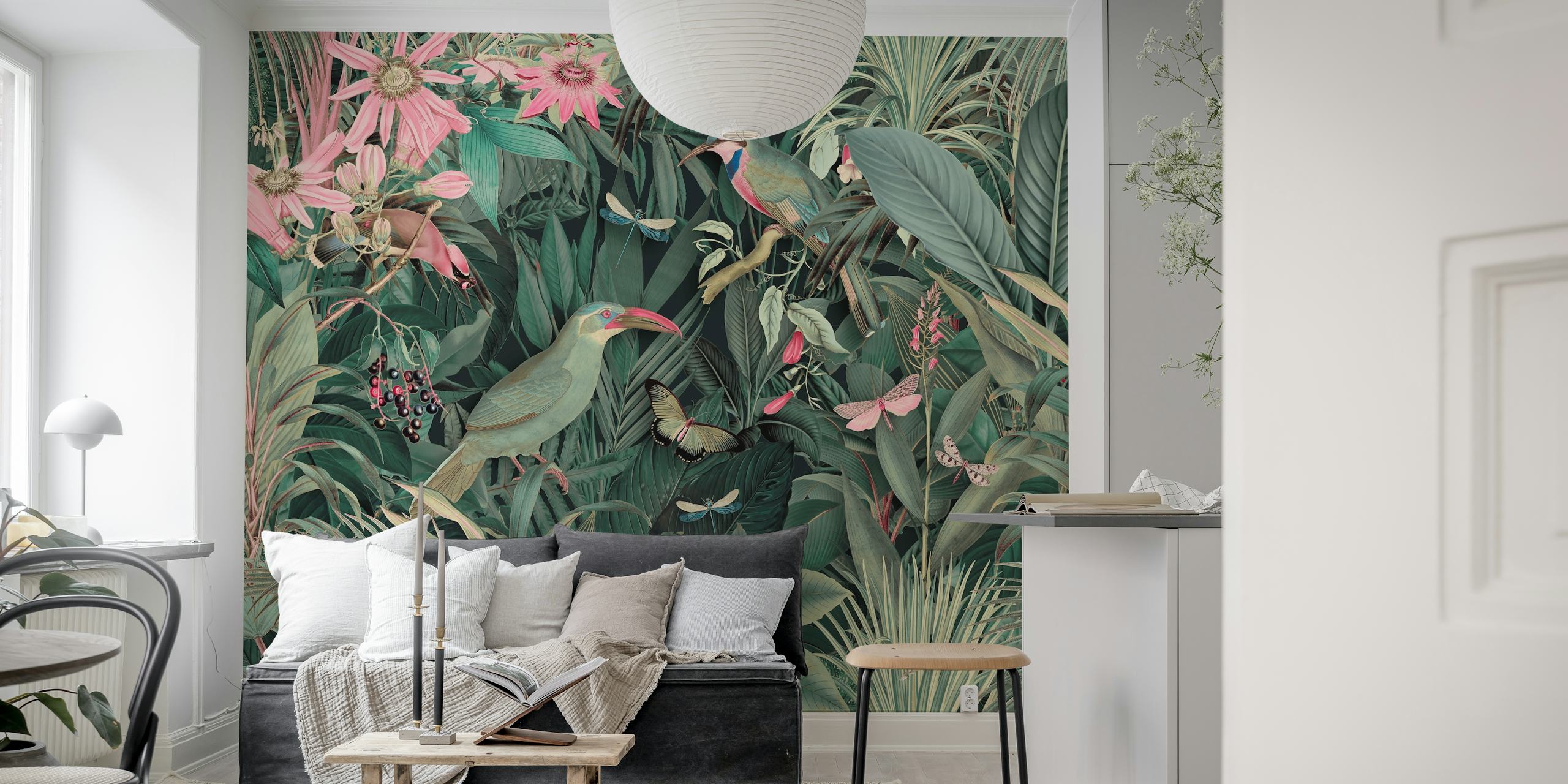 Tropical jungle with birds, flowers and greenery wallpaper