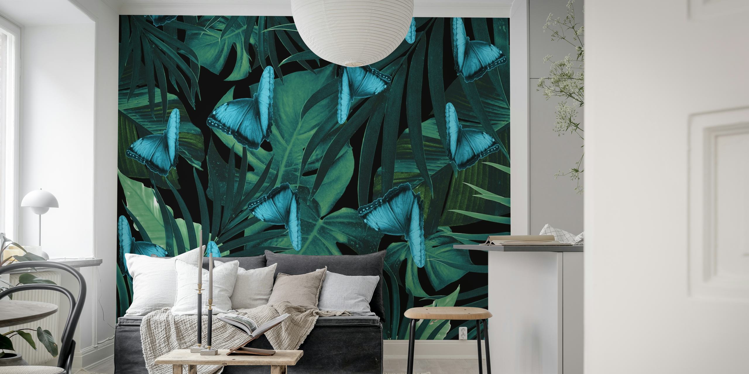 Tropical Butterfly Jungle wall mural with blue butterflies and green foliage.
