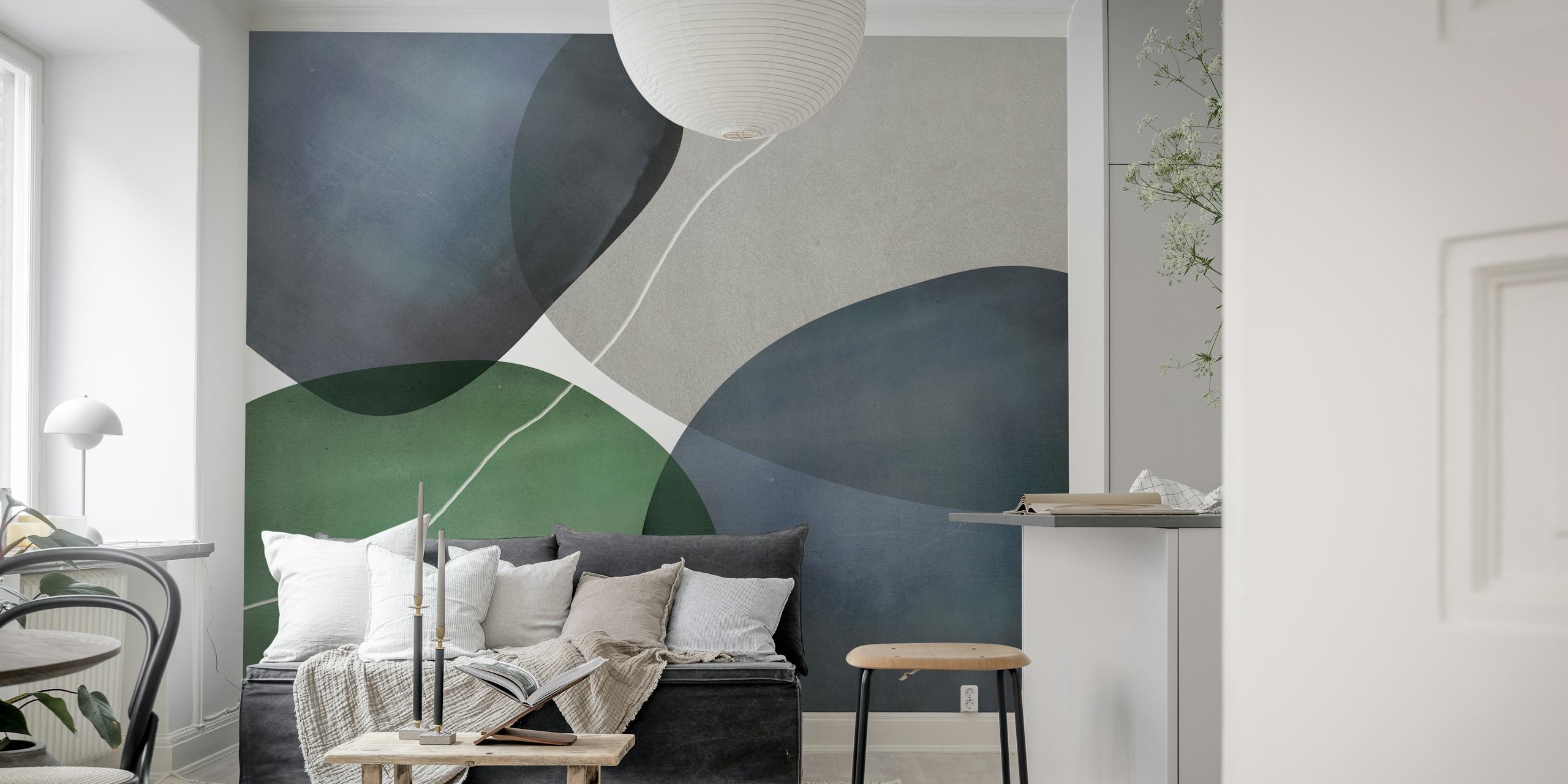 Organic shapes in blue, green, and gray tones wallpaper