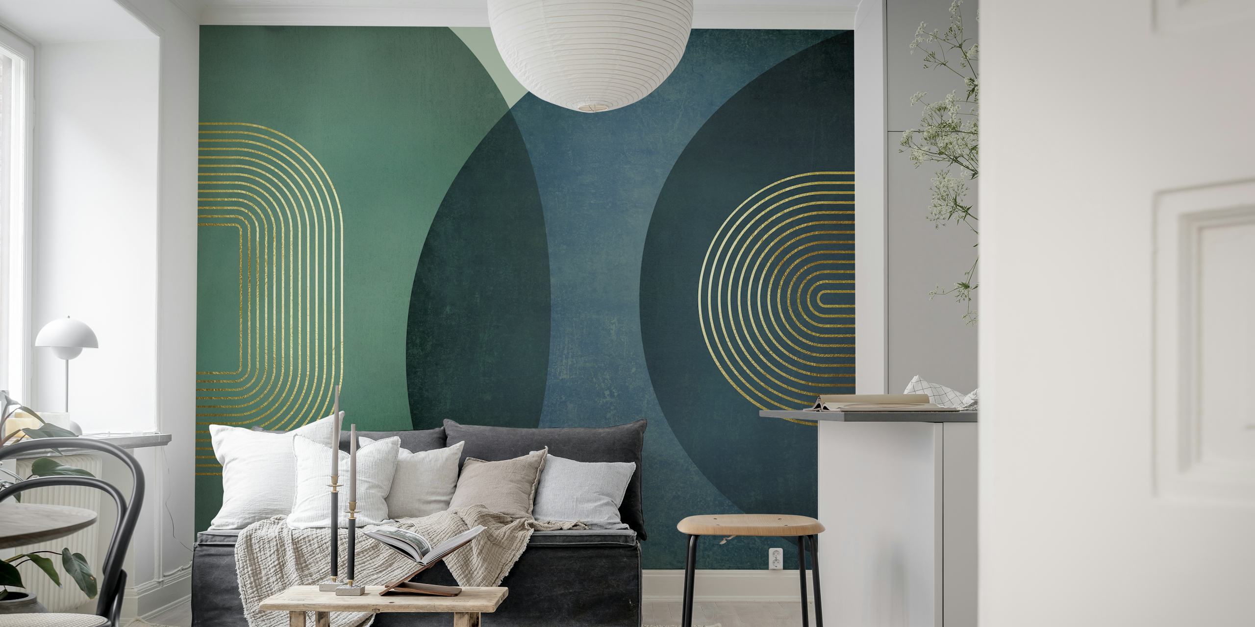 Geometric shapes in blue and green colors with gold lines wallpaper