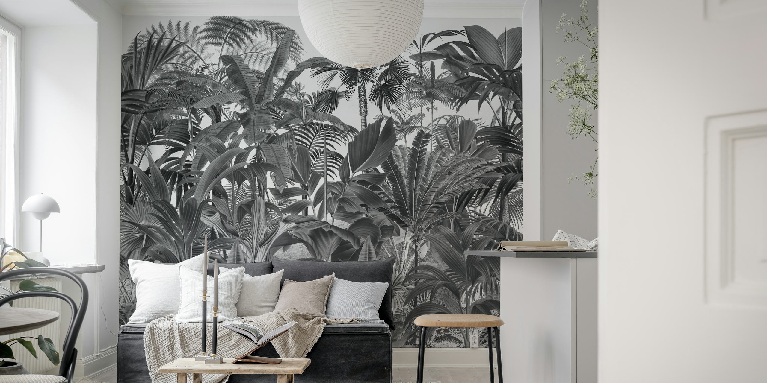 Tropical jungle foliage in black and white wallpaper