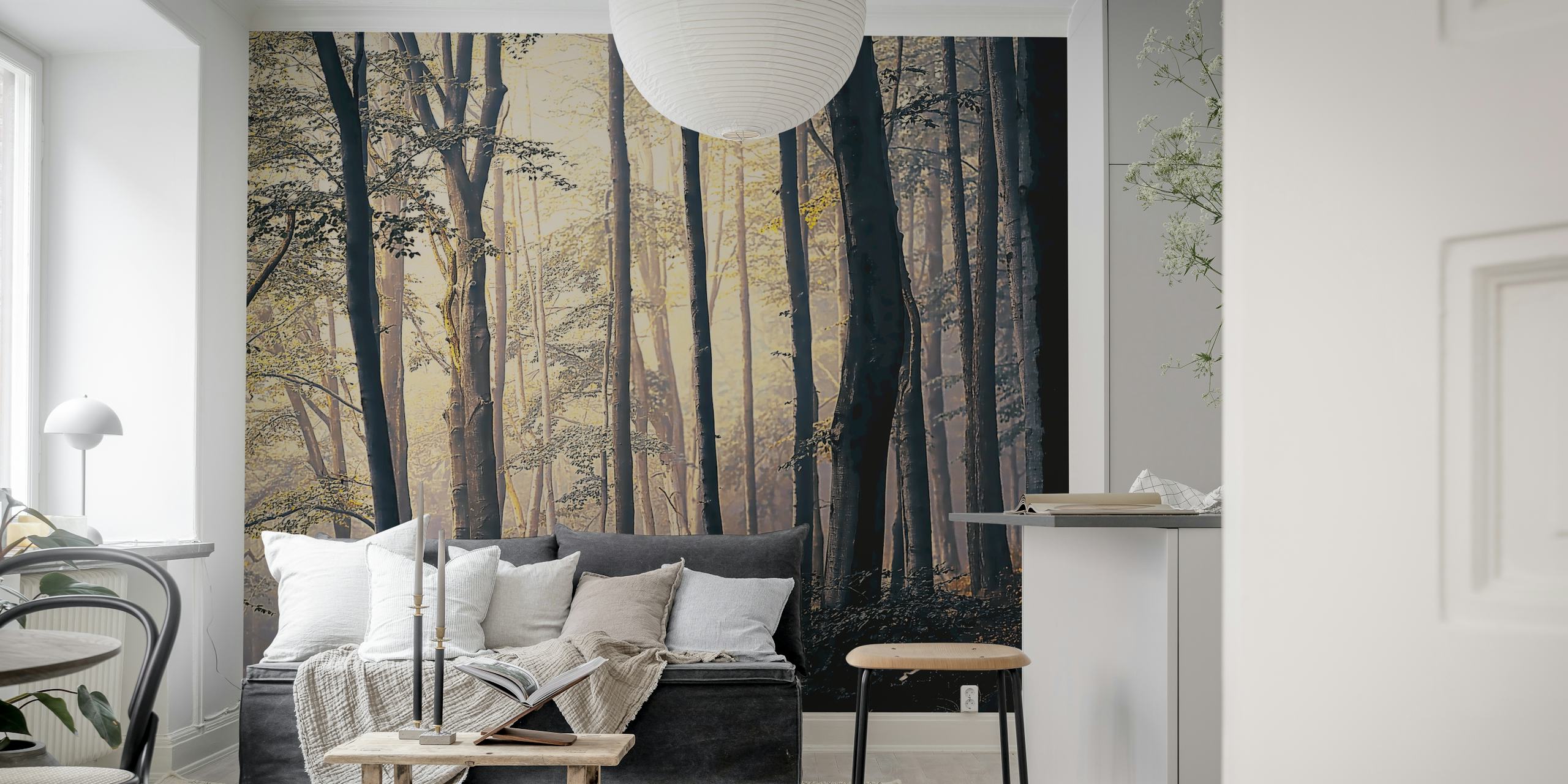 Papel de parede Foggy Forest Trees em um quarto