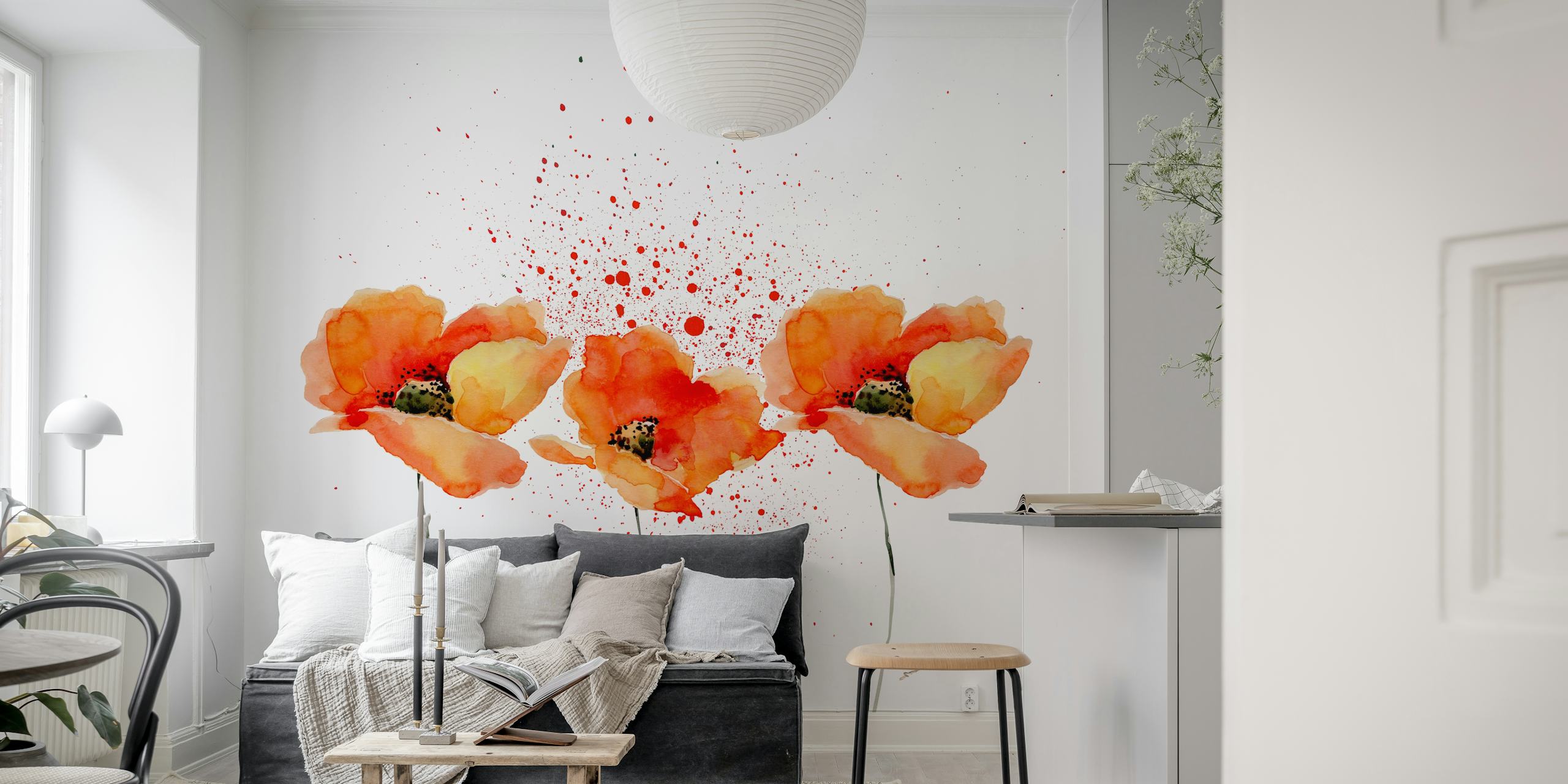 Tapeta Watercolor Poppies vystavená v místnosti