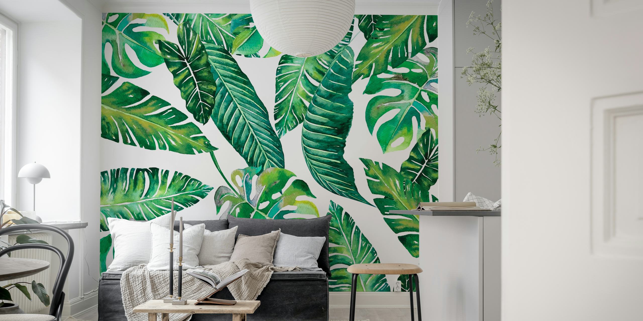 Jungle Leaves Banana Monstera papier peint dans une pièce