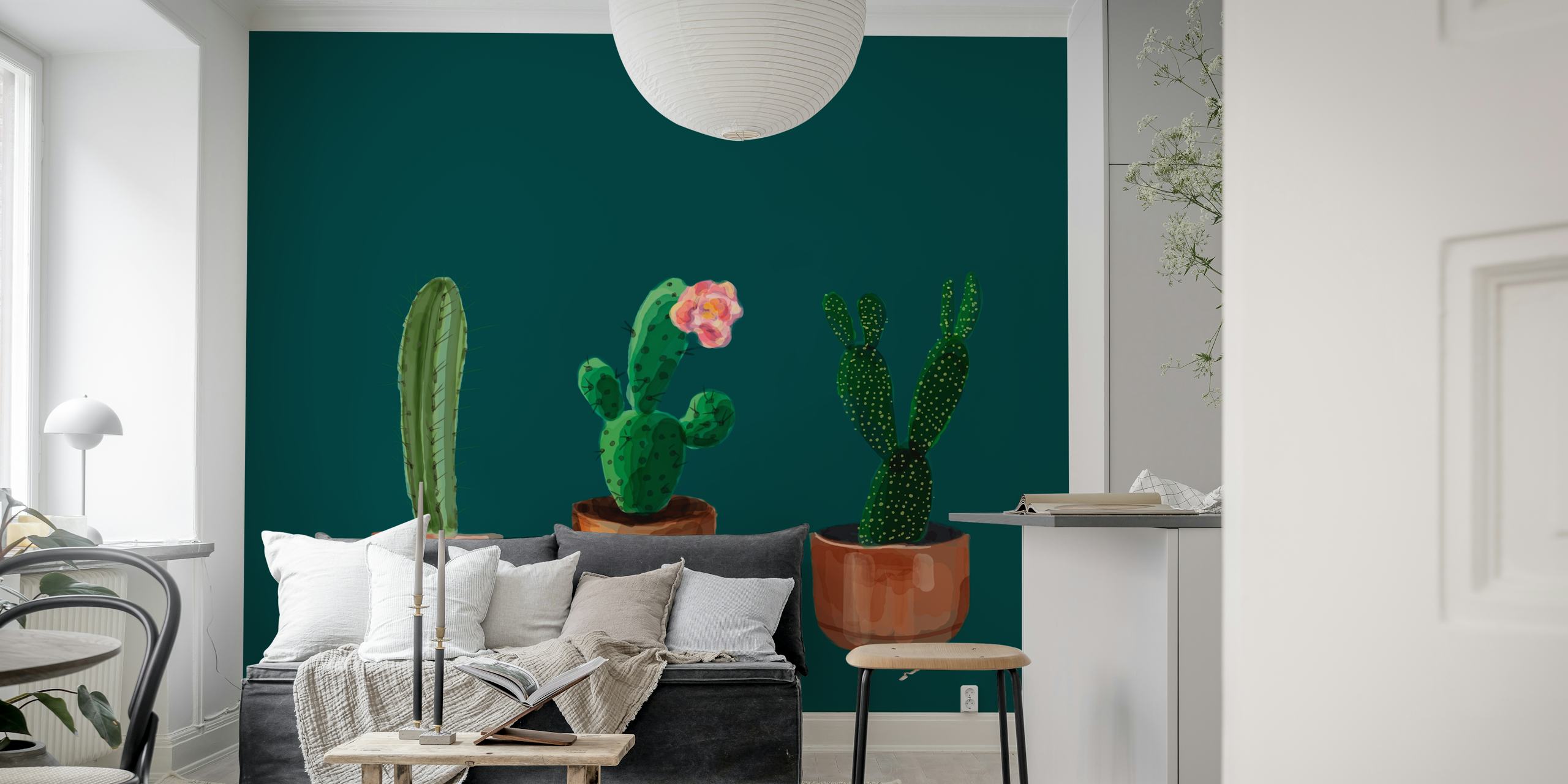 Three cacti wallpaper displayed in a room