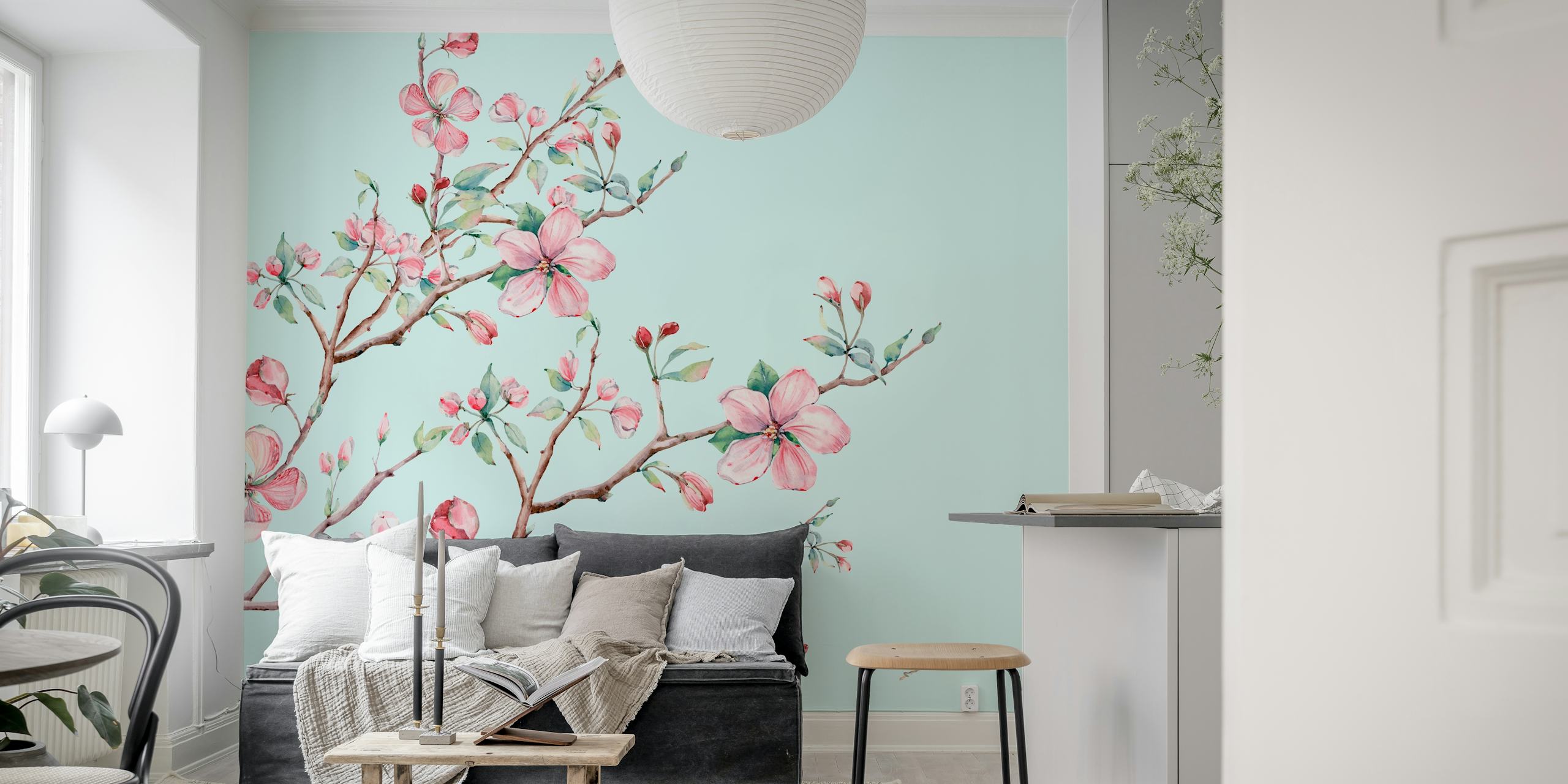 Pink floral branches with mint background wallpaper
