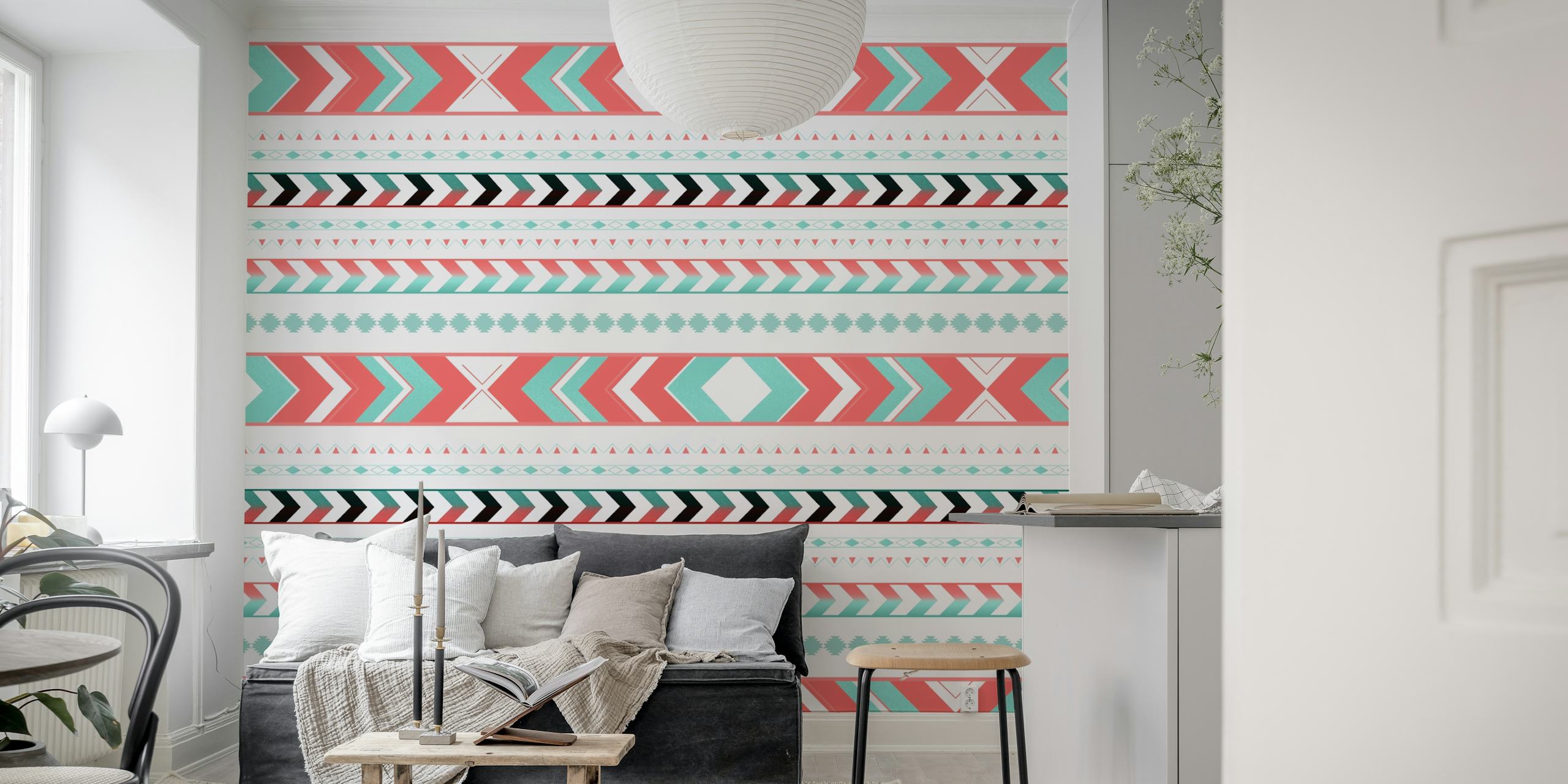 Tribal arrow pattern in coral, mint, and black on white wallpaper