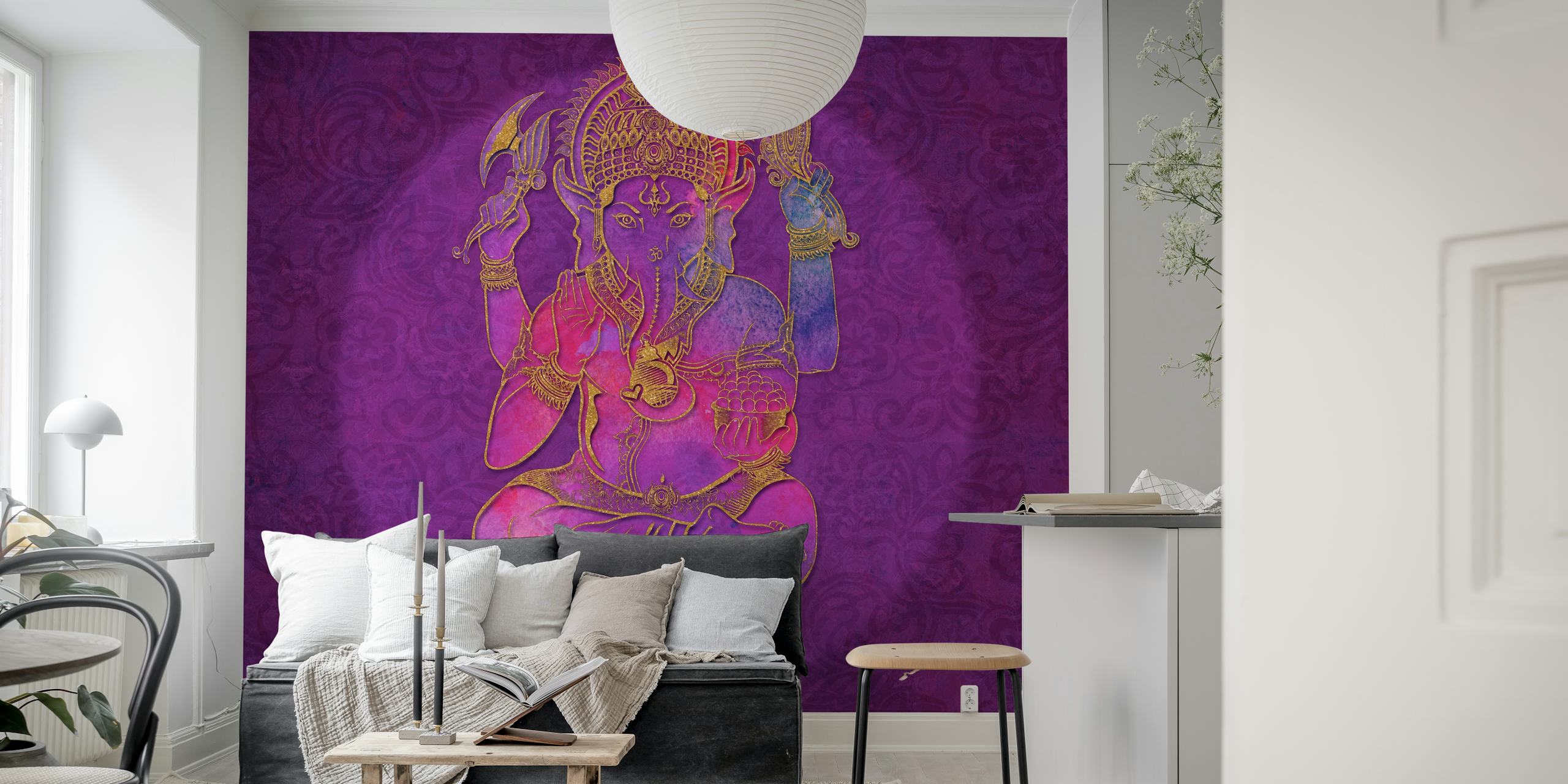 Ganesha Elephant Hindu God Wall Mural in rich purple hues for spiritual decor