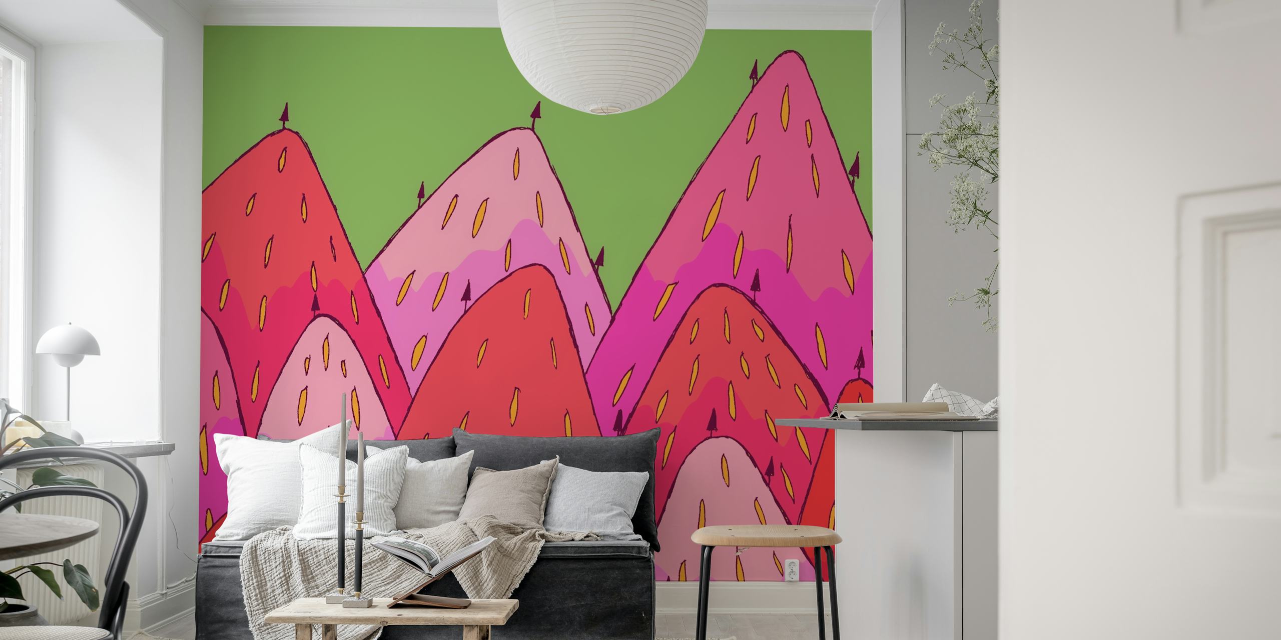 Strawberry hills tapet med en livlig grön bakgrund och rosa jordgubbsberg