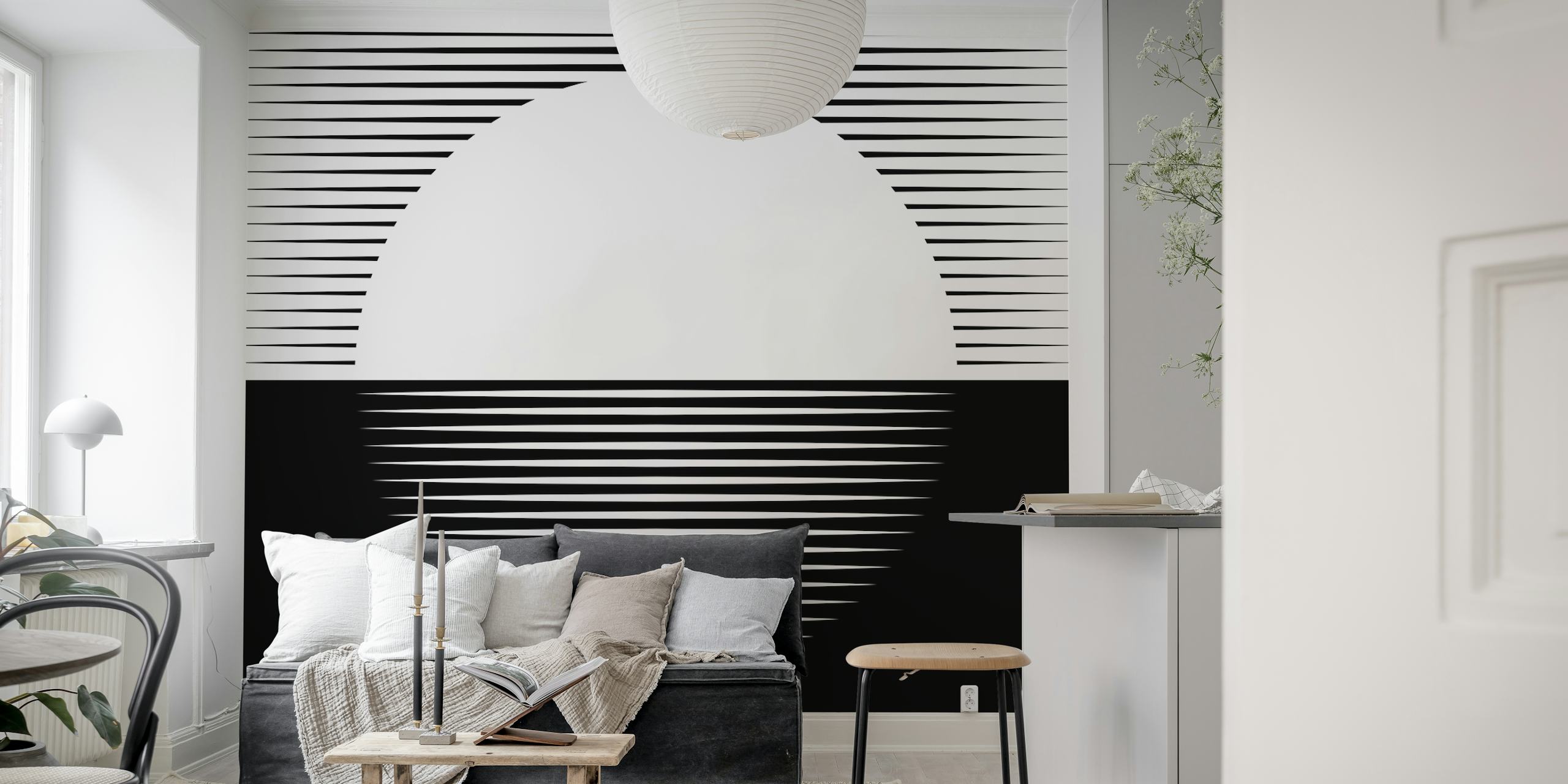 Black and white lines forming a sun and sea illustration wallpaper