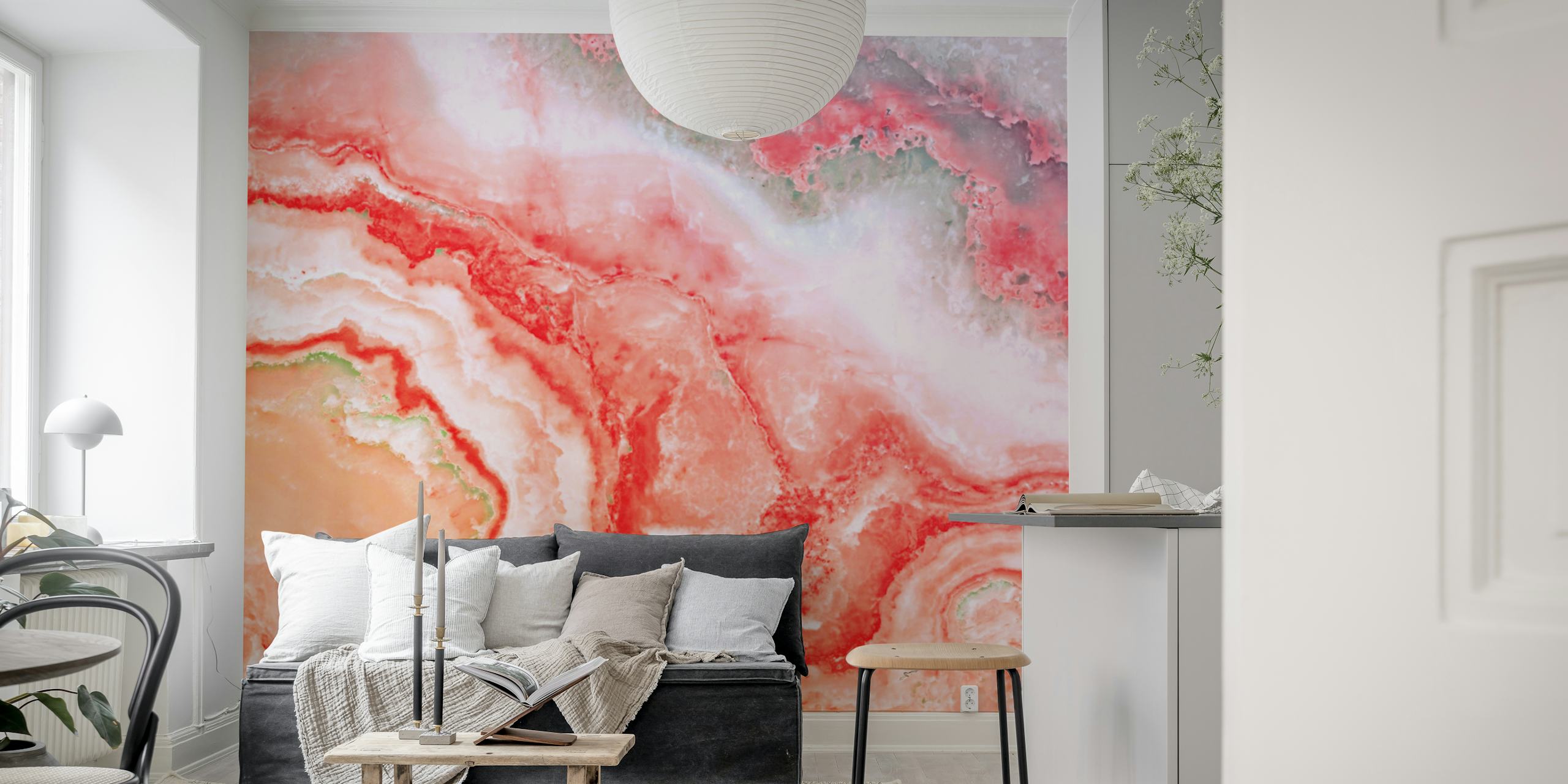 Blush marble wallpaper featuring pink and white swirls in a fluid design
