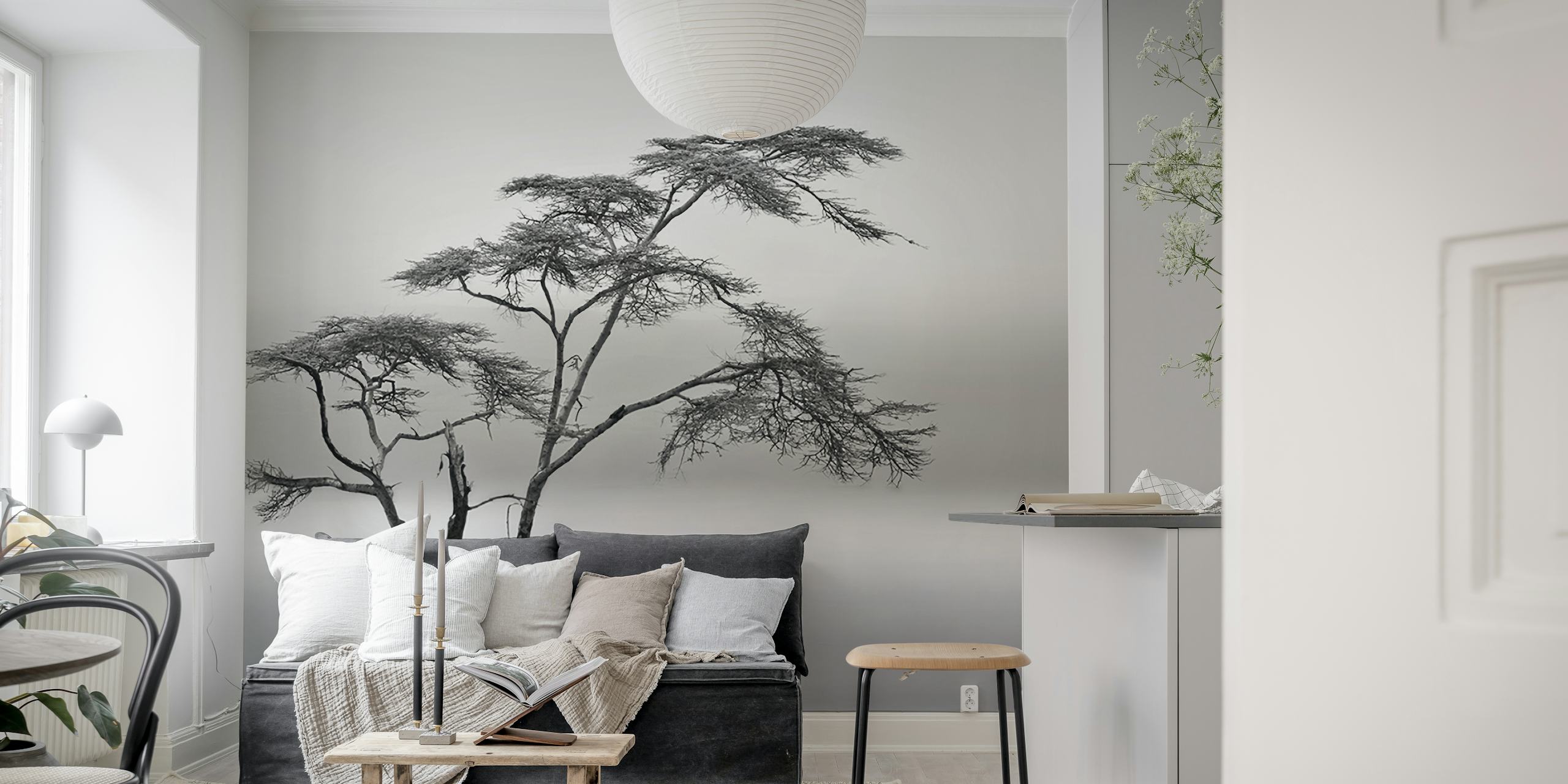 Papier peint mural arbre minimaliste dans un paysage brumeux