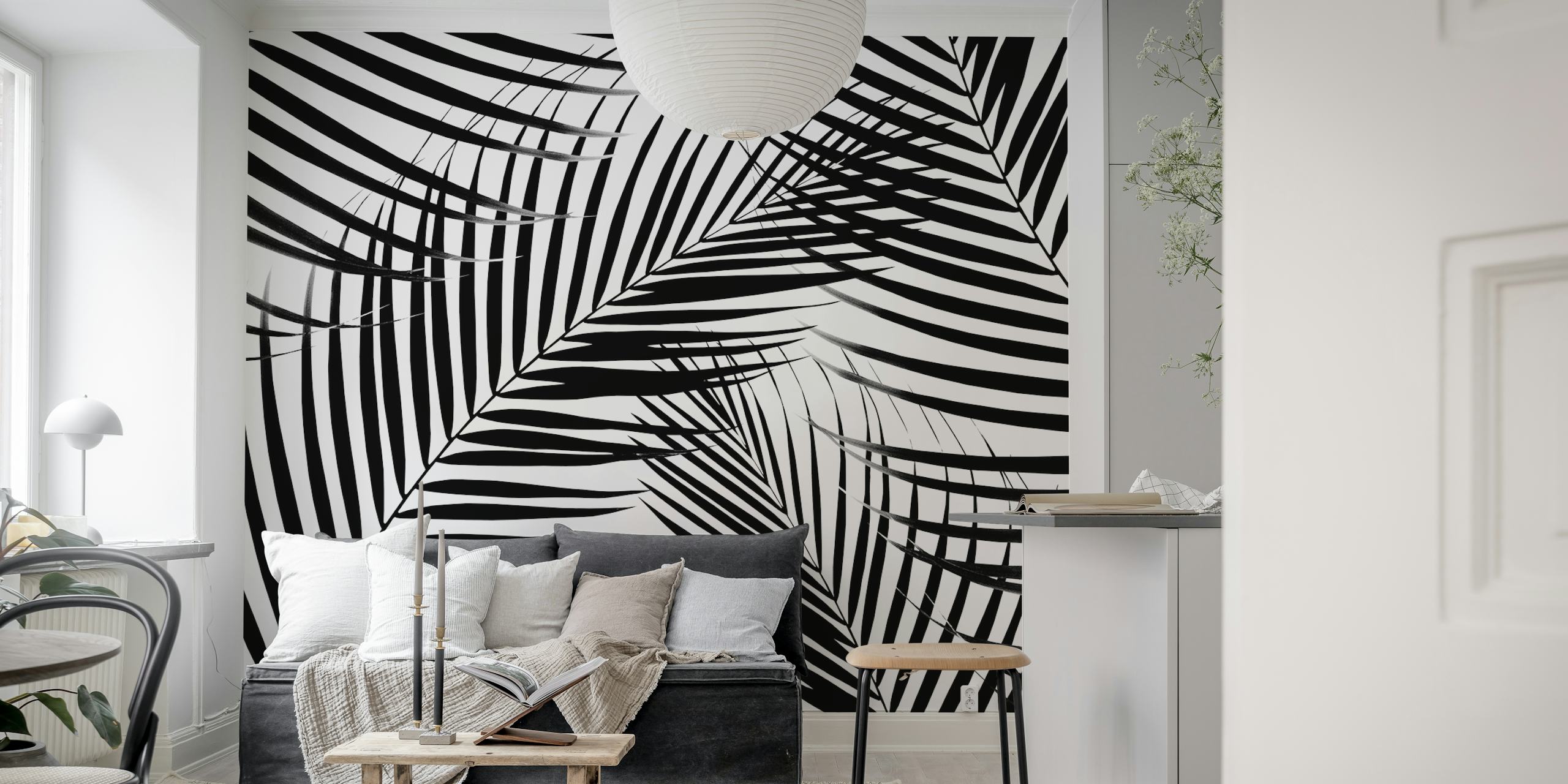 Black and white palm leaves pattern wall mural