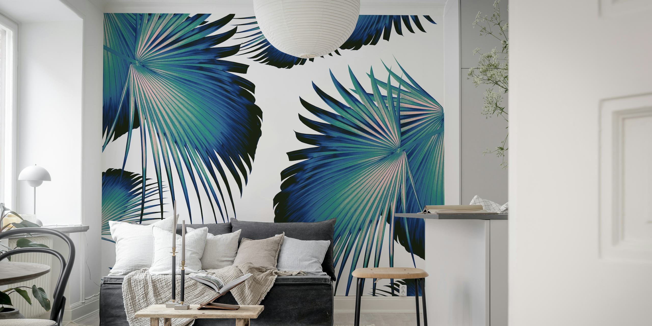 Tropical palm leaves in blue and green colors on white background wallpaper