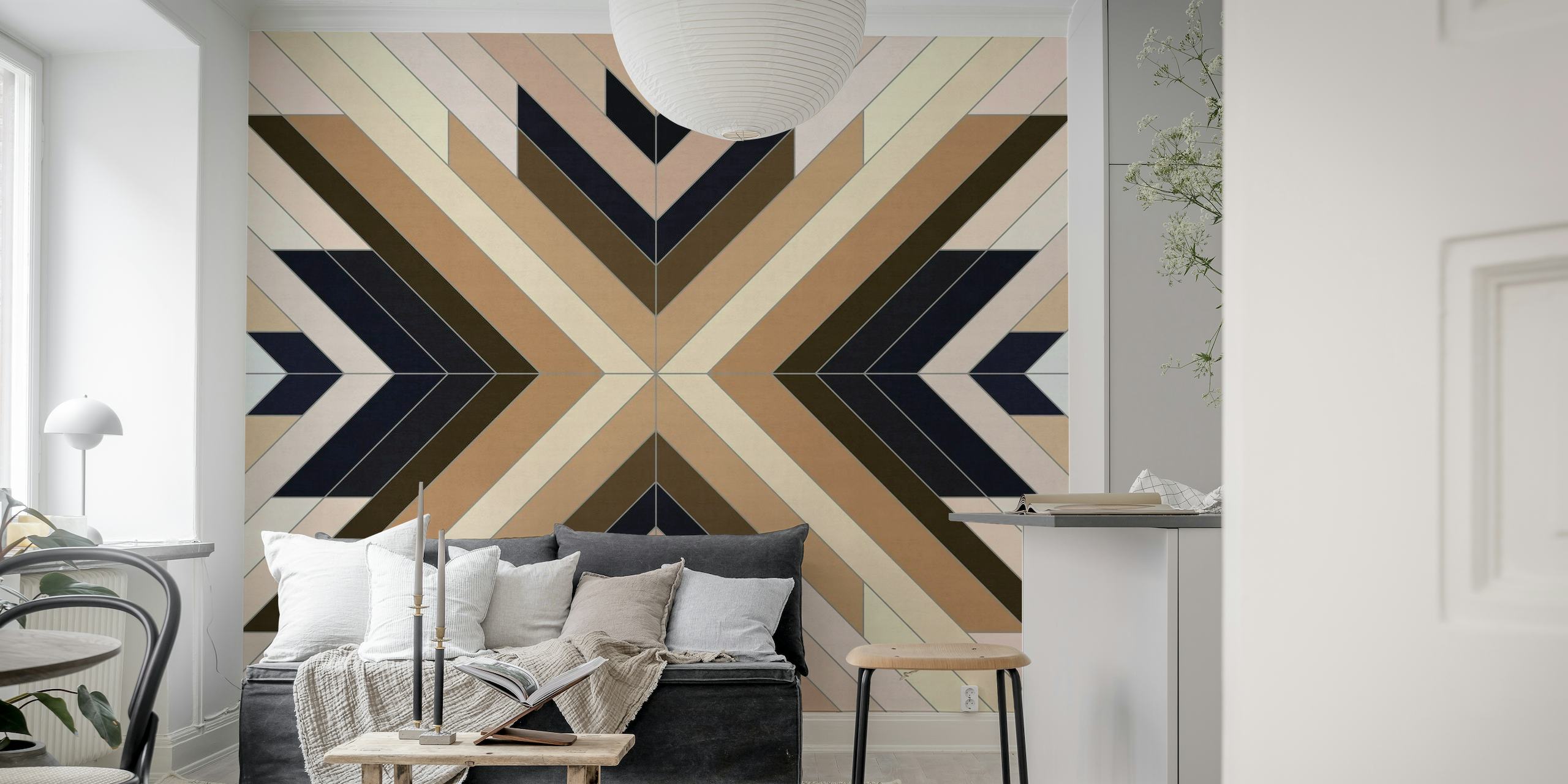 Stilig veggmaleri med geometriske bånd med et moderne mønster av kantete linjer og kontrasterende farger