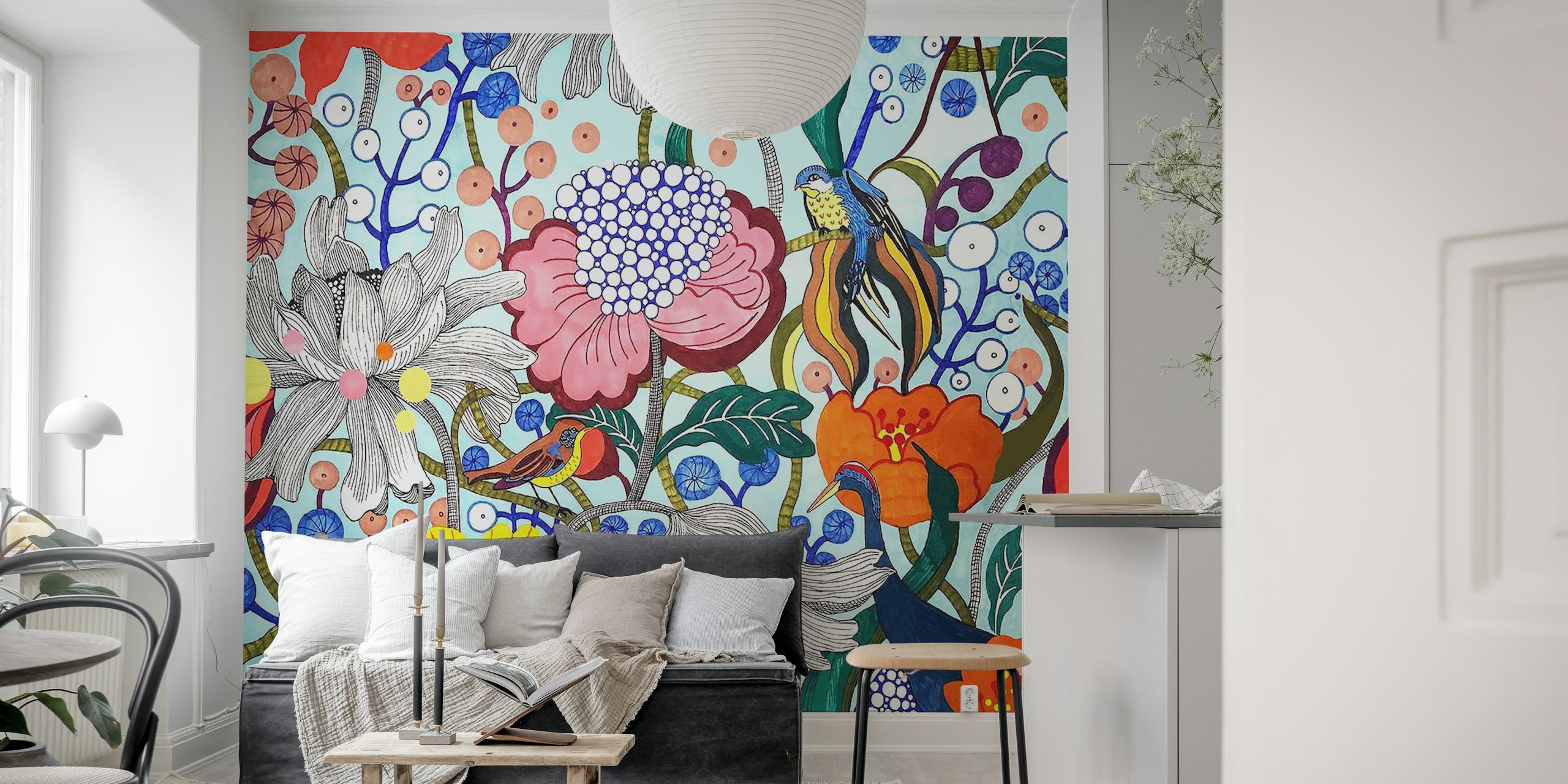 Šareni zidni mural Birds of Paradise 2 s egzotičnim pticama i cvjetnim uzorcima