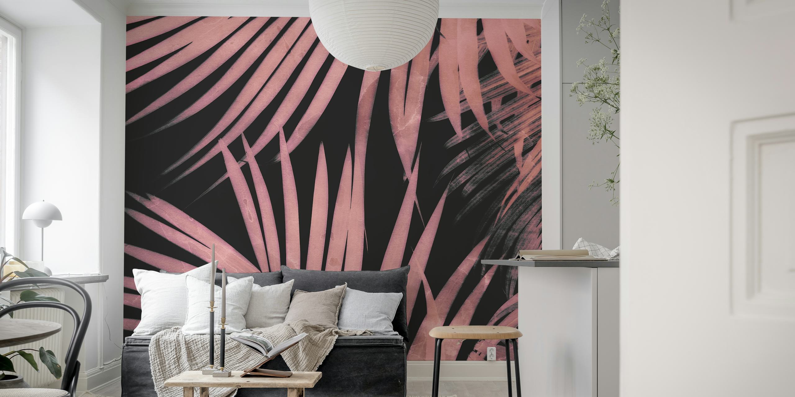 Pink tropical palm leaves on a black background wallpaper
