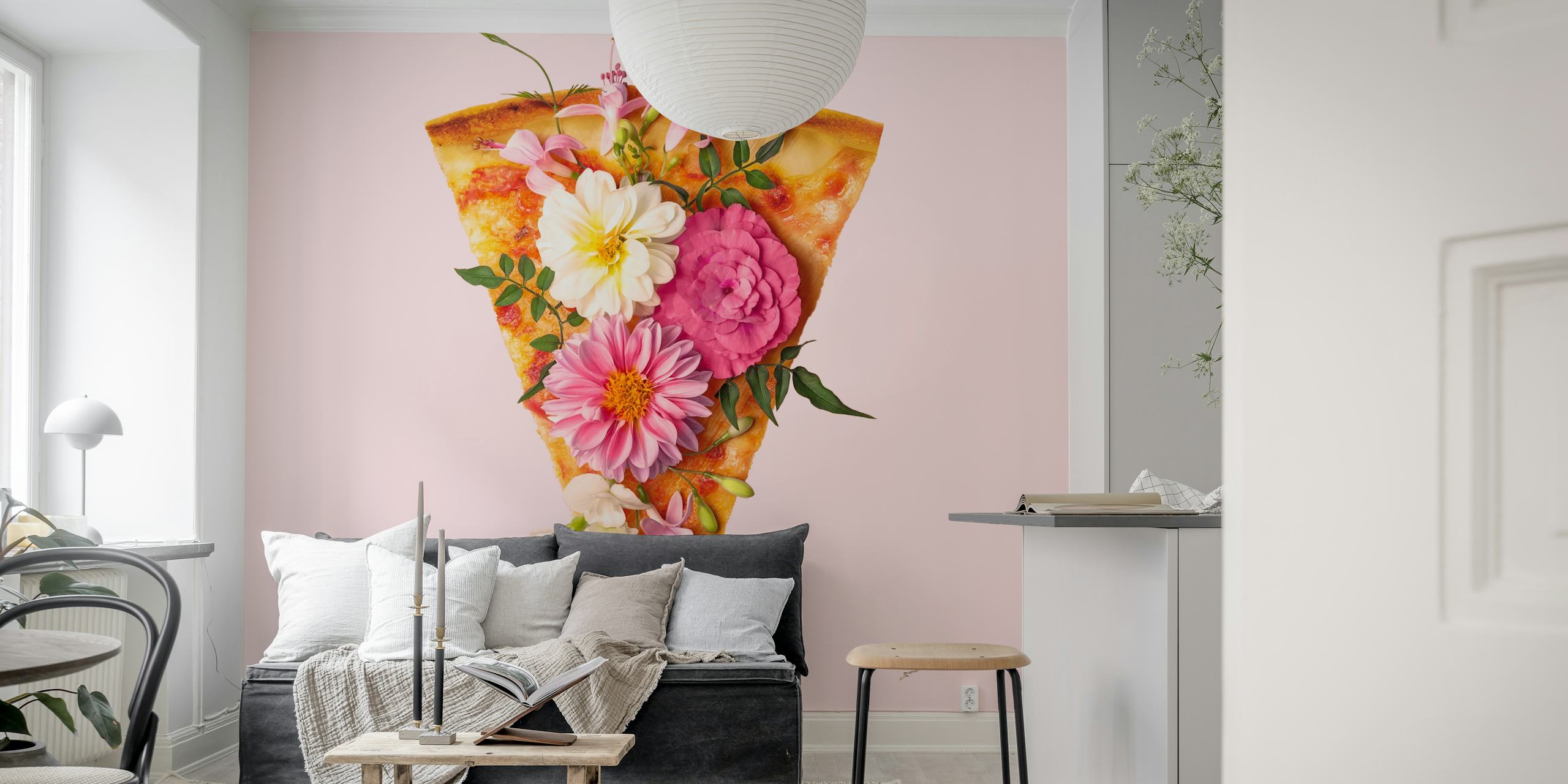 Pizza slice topped with colorful flowers on pink background wallpaper