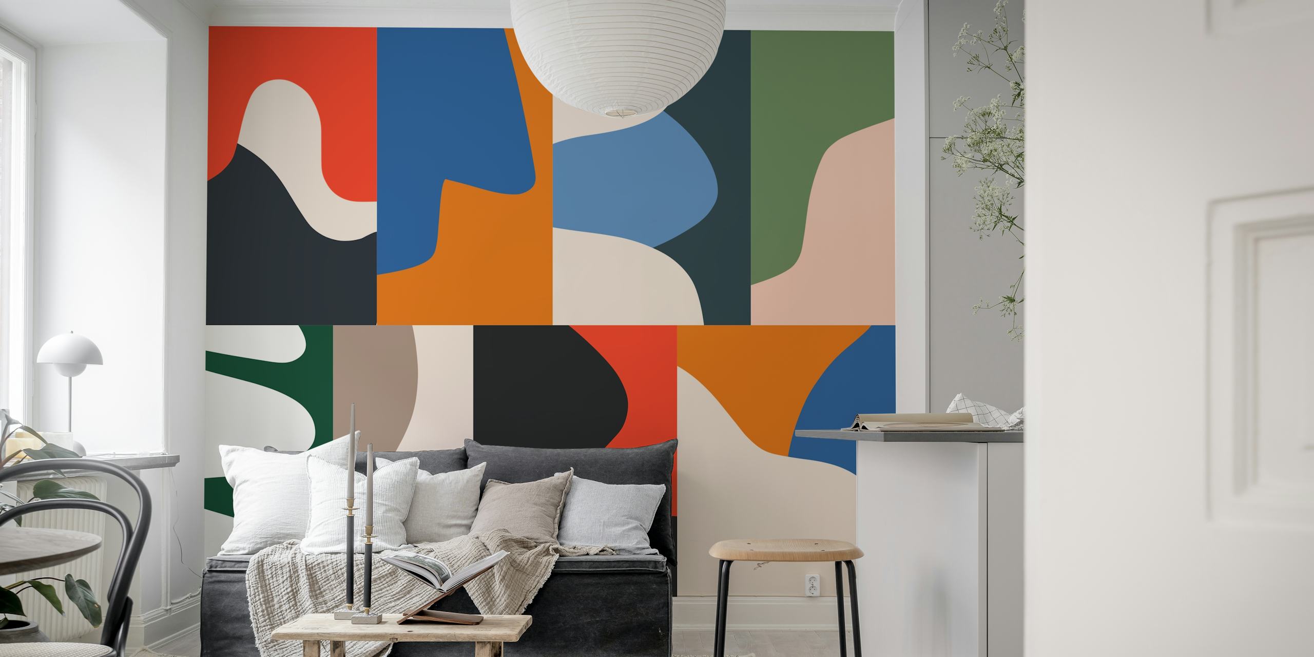 Colorful abstract mosaic shapes in red, blue, green, and black wallpaper