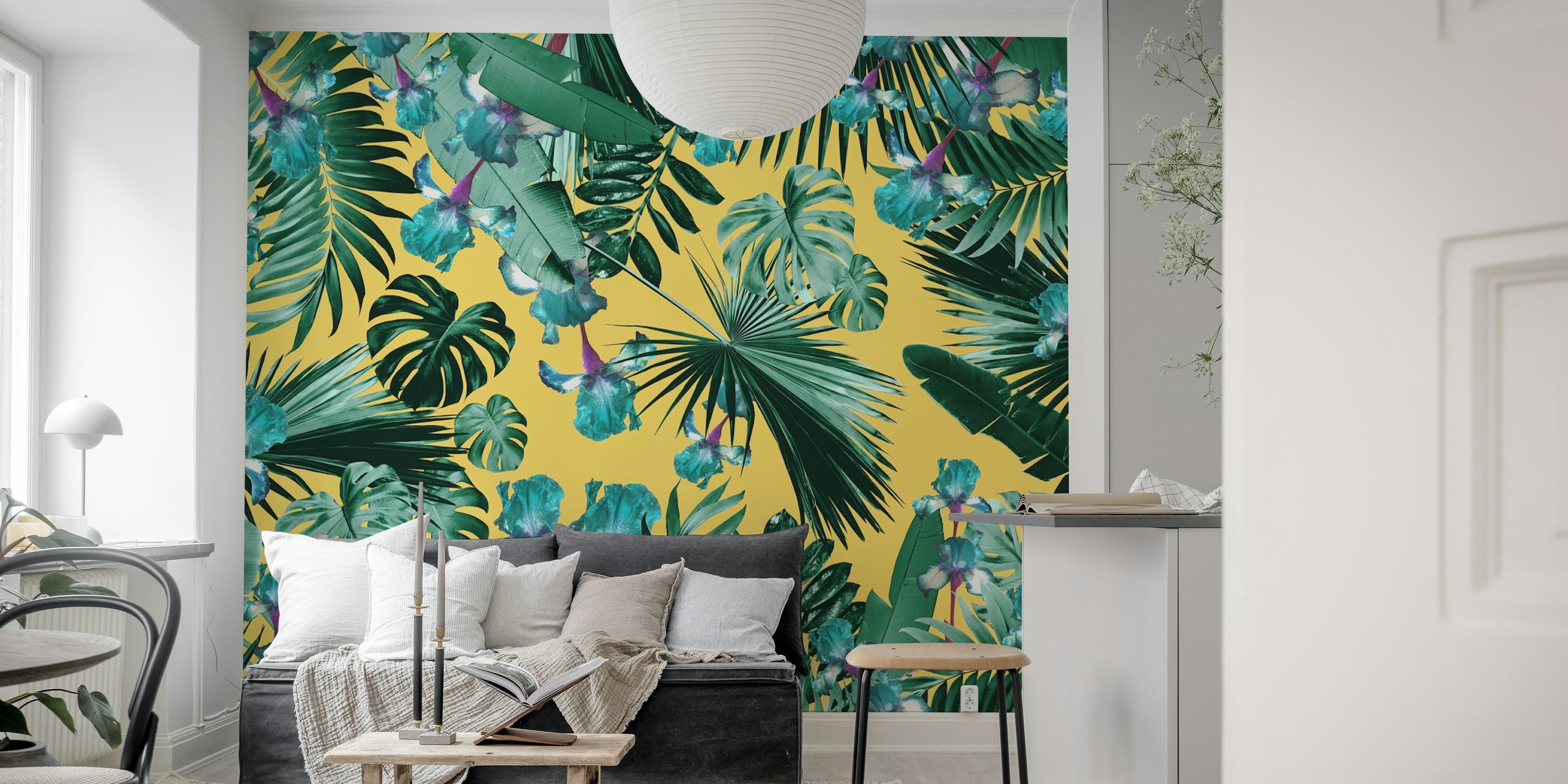 Tropical leaves and colorful flower wallpaper with yellow background