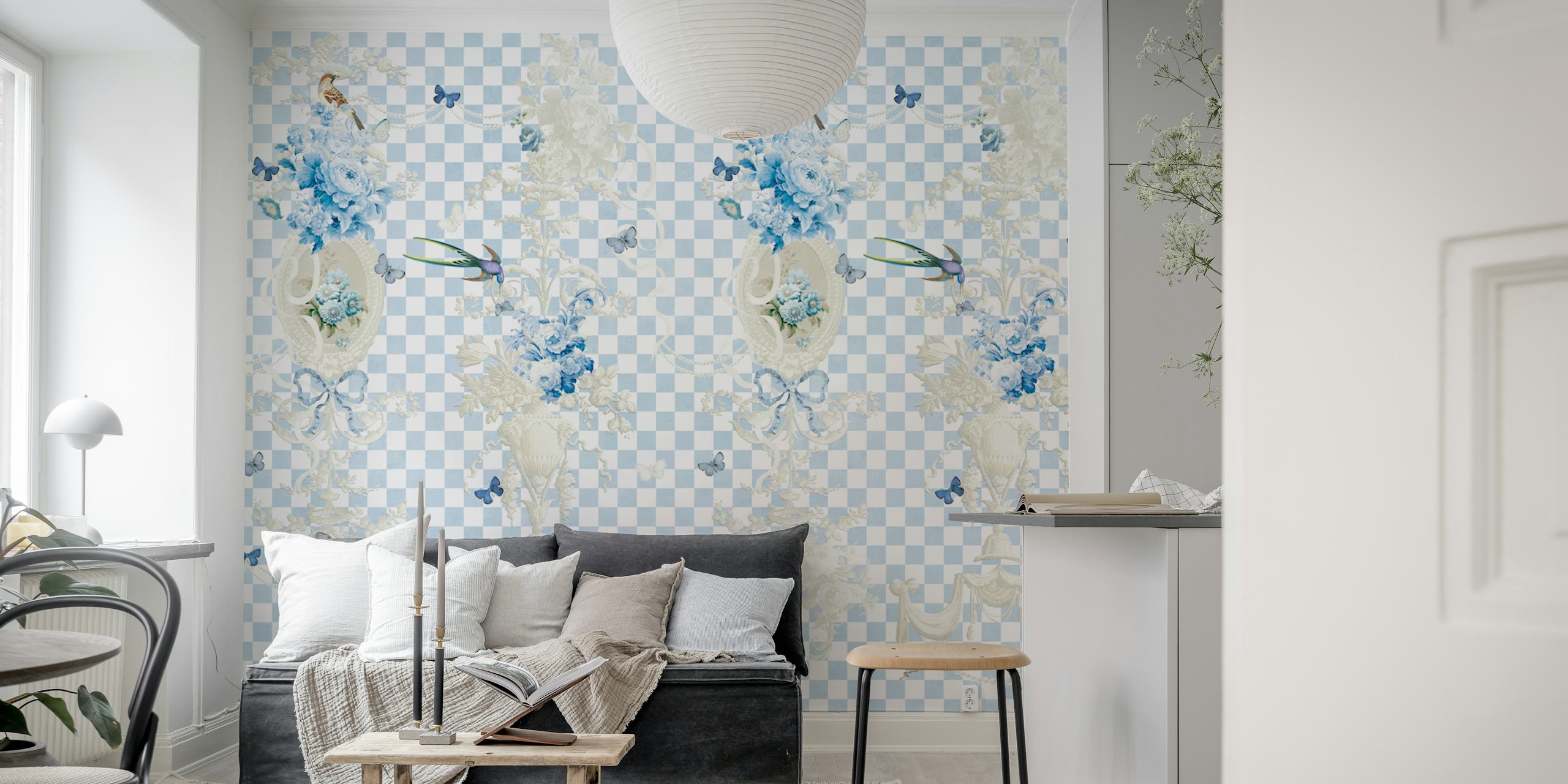 Chic Checkered Blossoms BabyBlue σχέδιο ταπετσαρίας