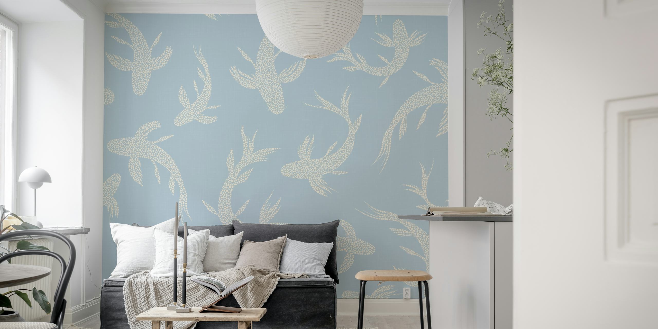 Koi fish design in baby blue with white details wallpaper