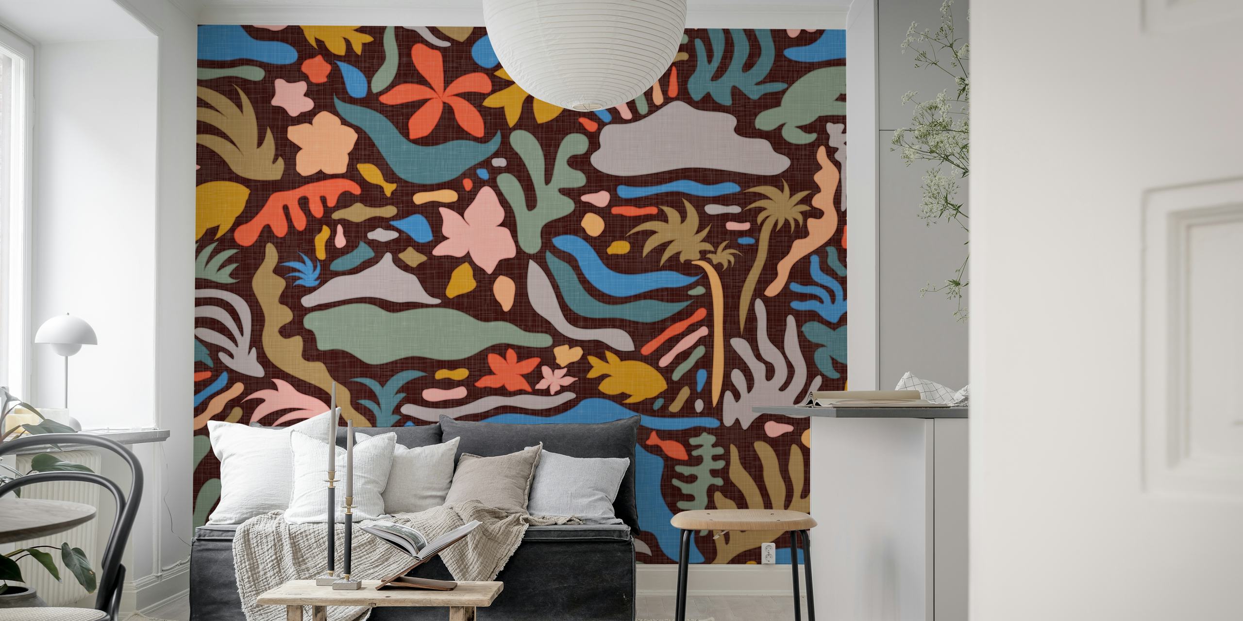 Colorful tropical flowers and leaves on a brown background wallpaper
