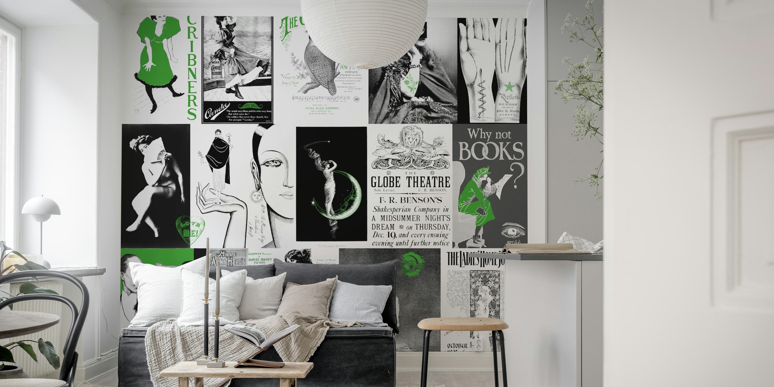 Vintage black and white wallpaper with green accents featuring artistic illustrations.