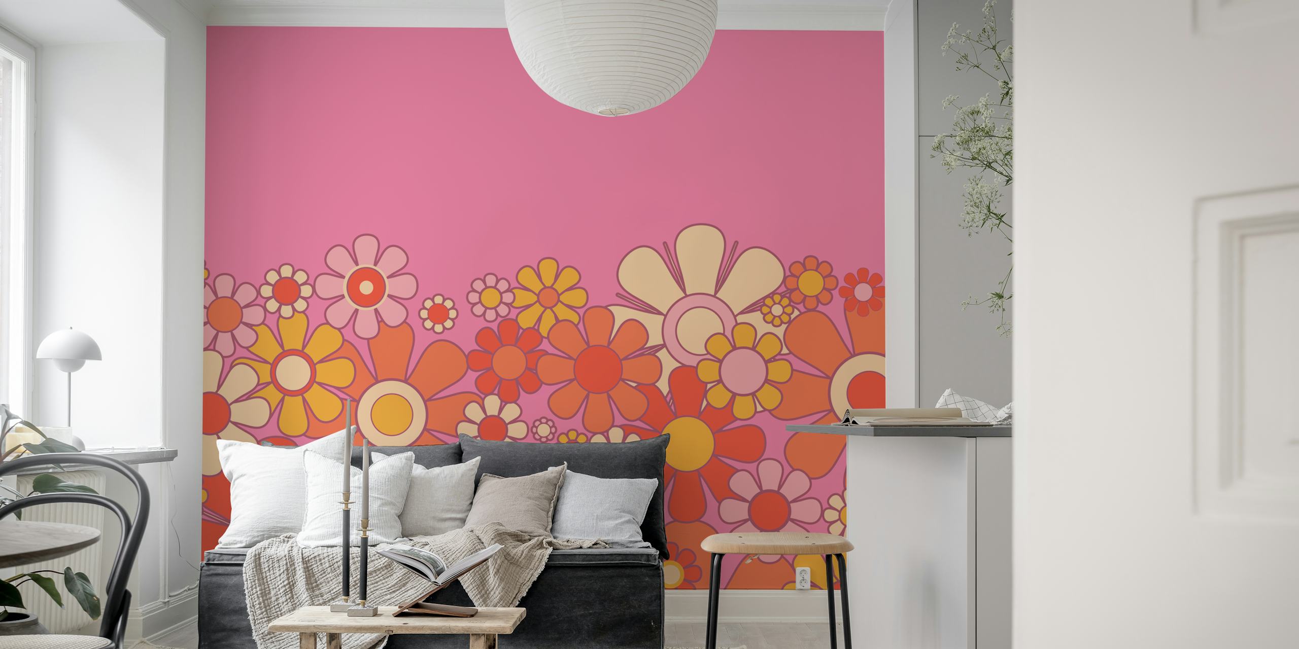 Groovy Retro Garden Pink wallpaper in a room