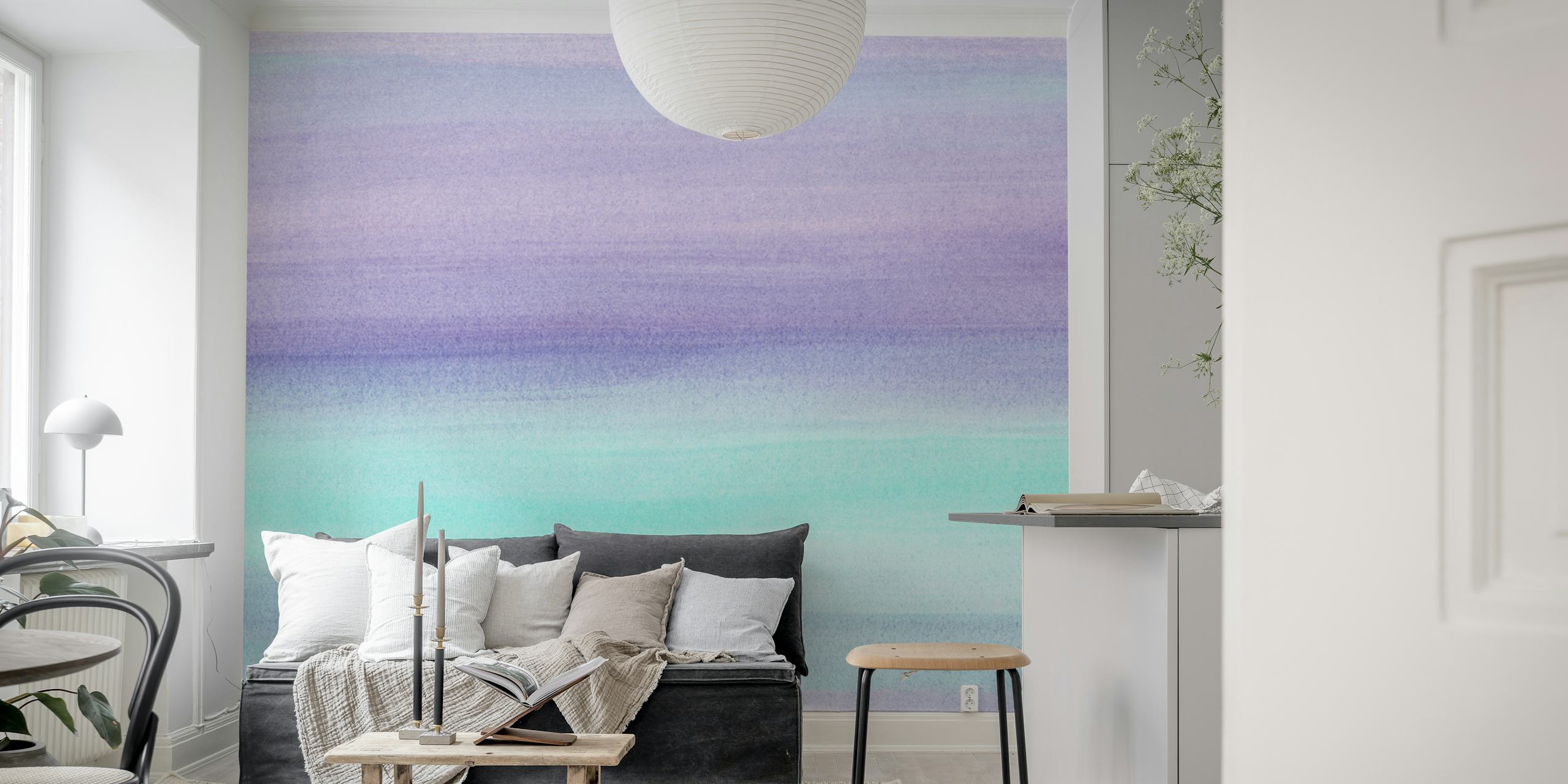 Abstract mermaid-inspired watercolor mural with lavender and aqua hues