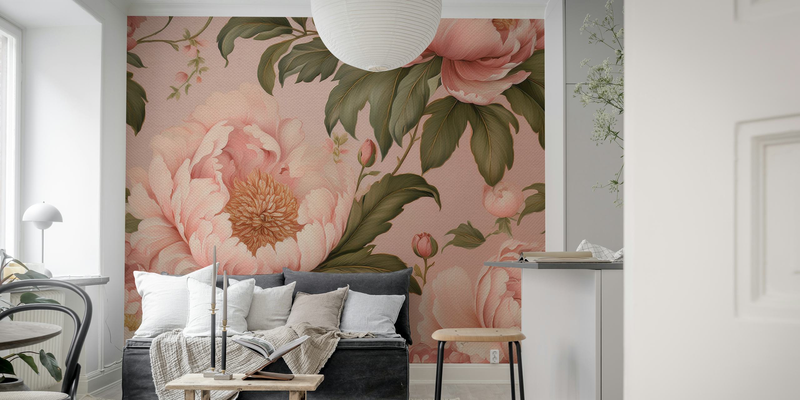 Pink peony floral design on vintage wallpaper