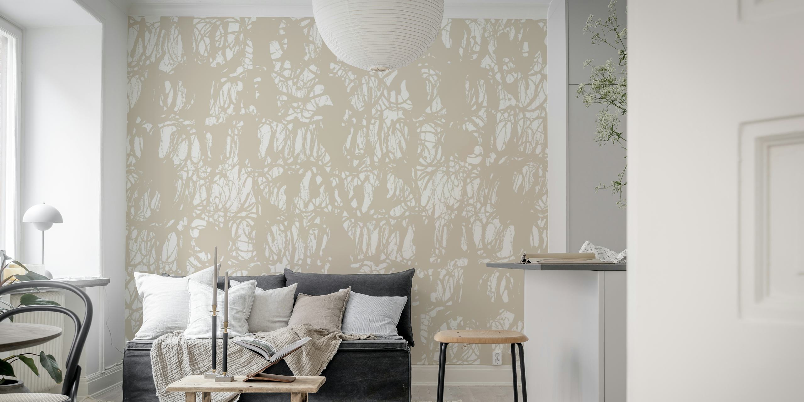 Abstract Ink Swirls Beige wallpaper in una stanza