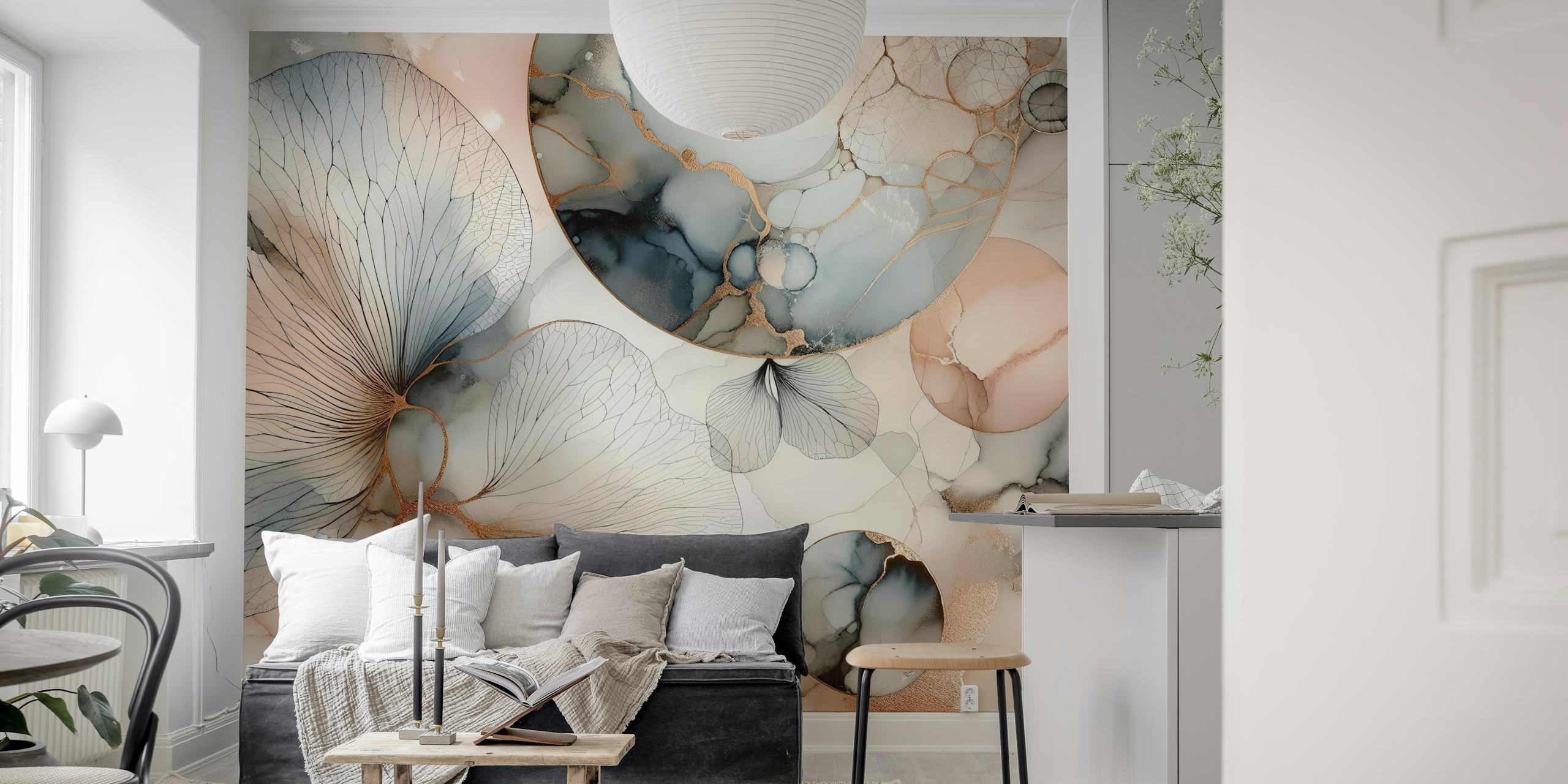 Floral abstract design with soft pastel colors and delicate lines wallpaper