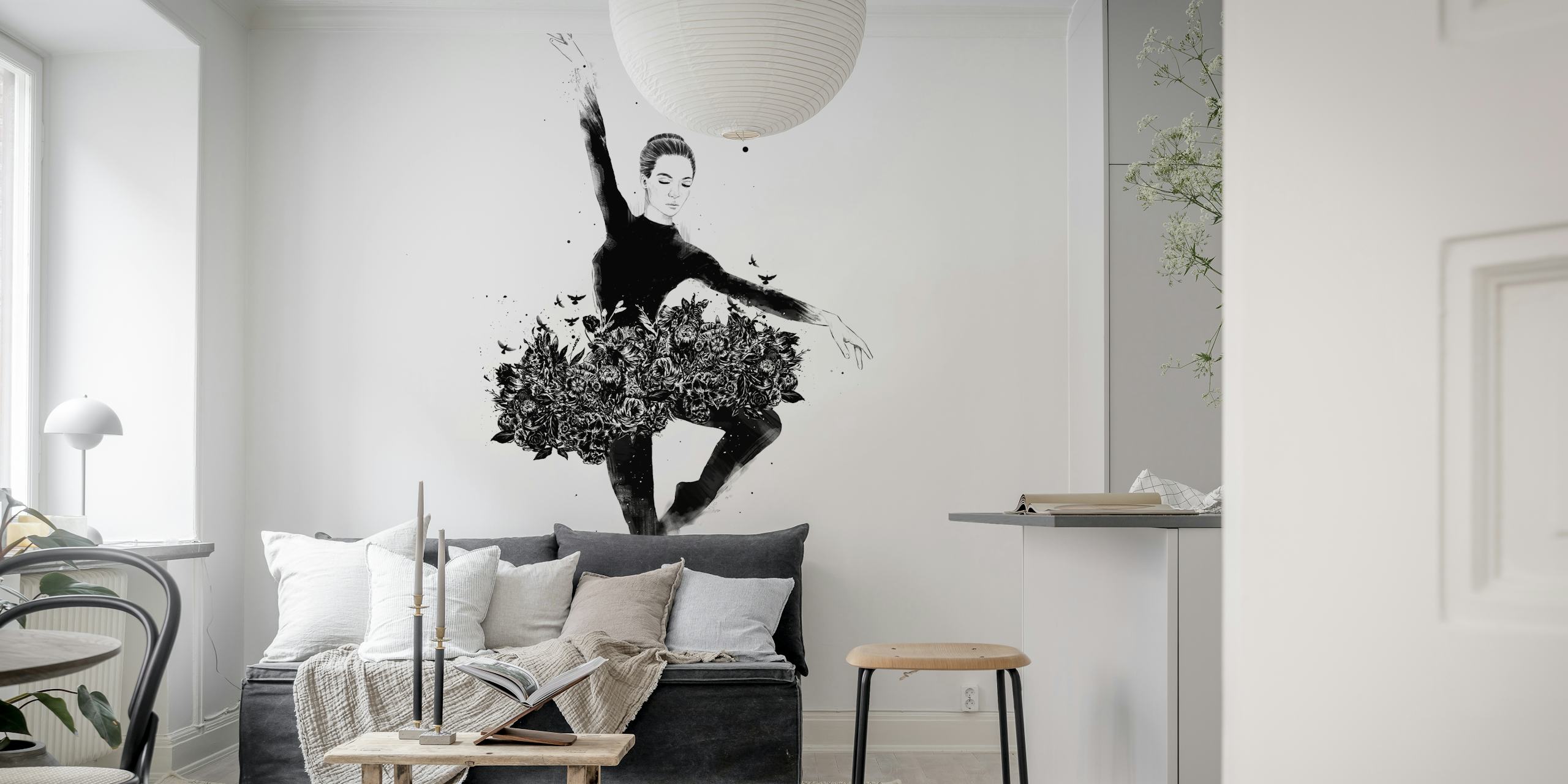 Ballet dancer with floral black skirt, black and white wallpaper