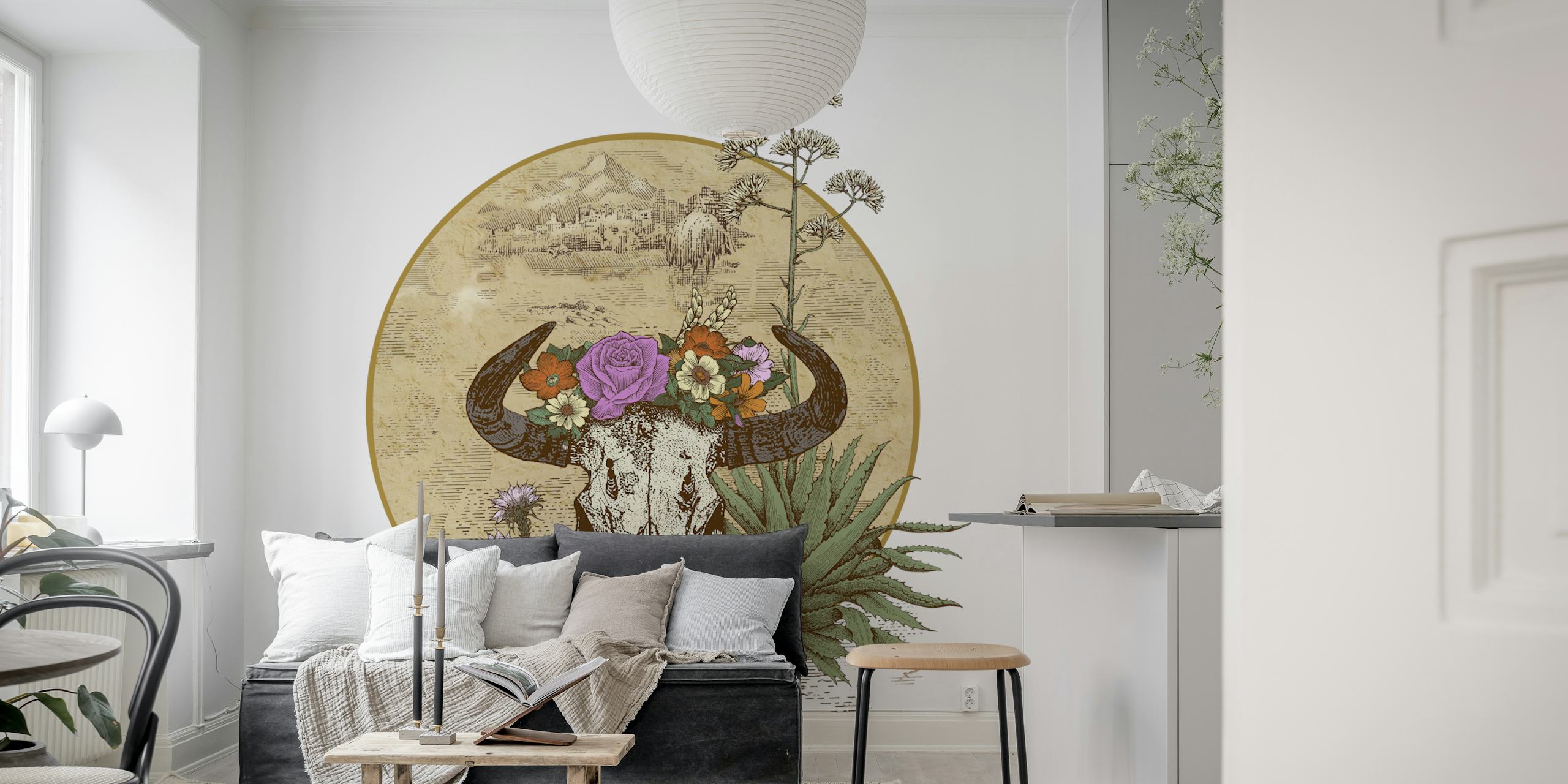 Skull with flowers and plants in front of a circular backdrop wallpaper