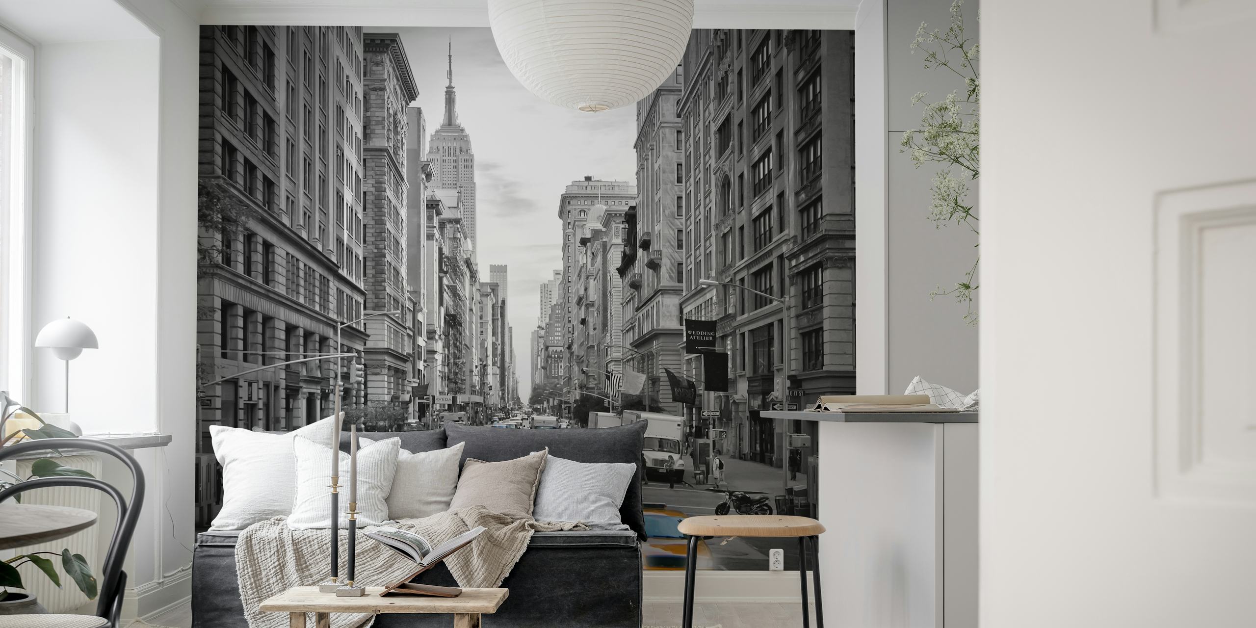 Black and white cityscape with yellow taxis in Manhattan, NYC wallpaper