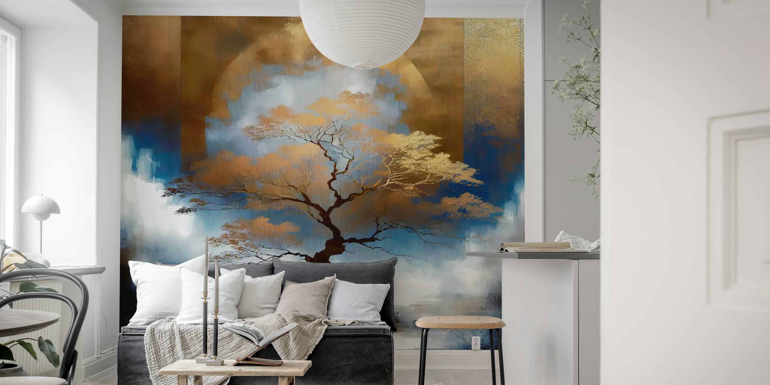 Silhouetted tree against a blue and gold night sky wallpaper