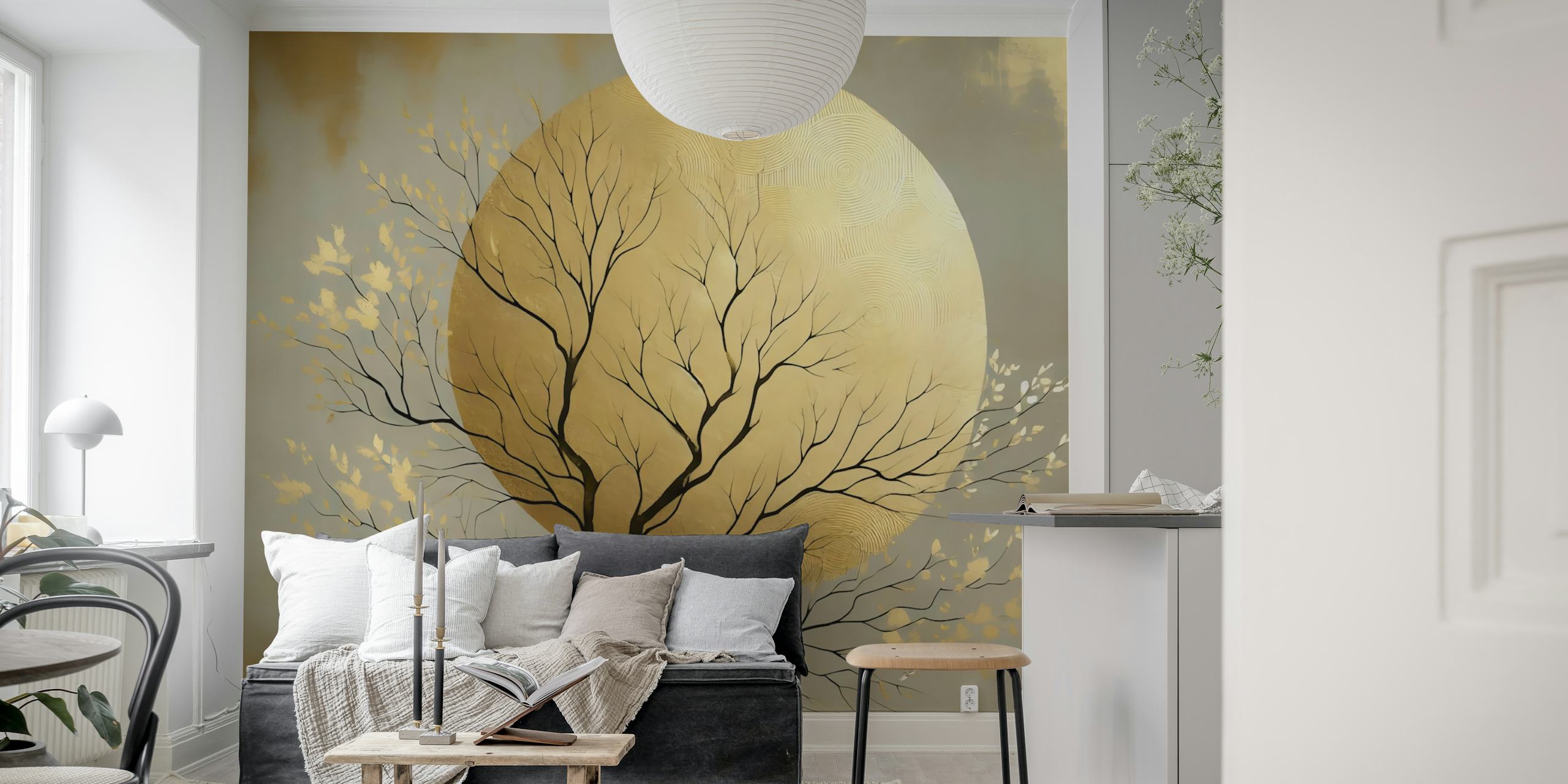 Black tree branches with gold leaves against a golden moon wallpaper