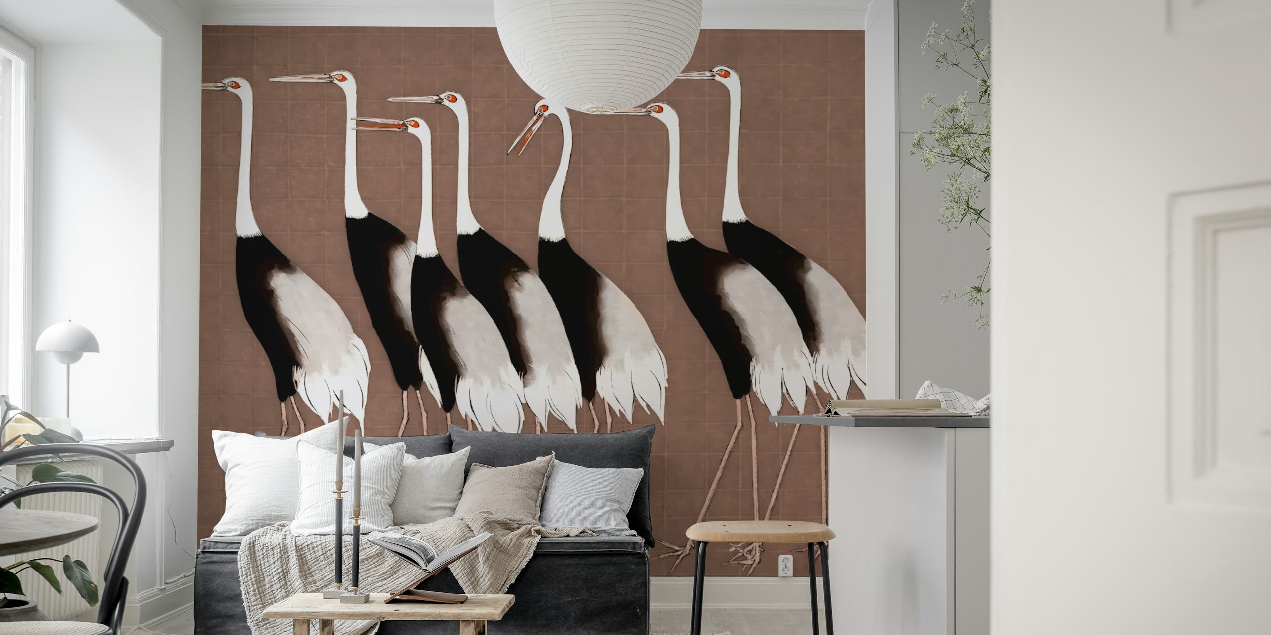 Japan Cranes on Mocha Mousse wallpaper design