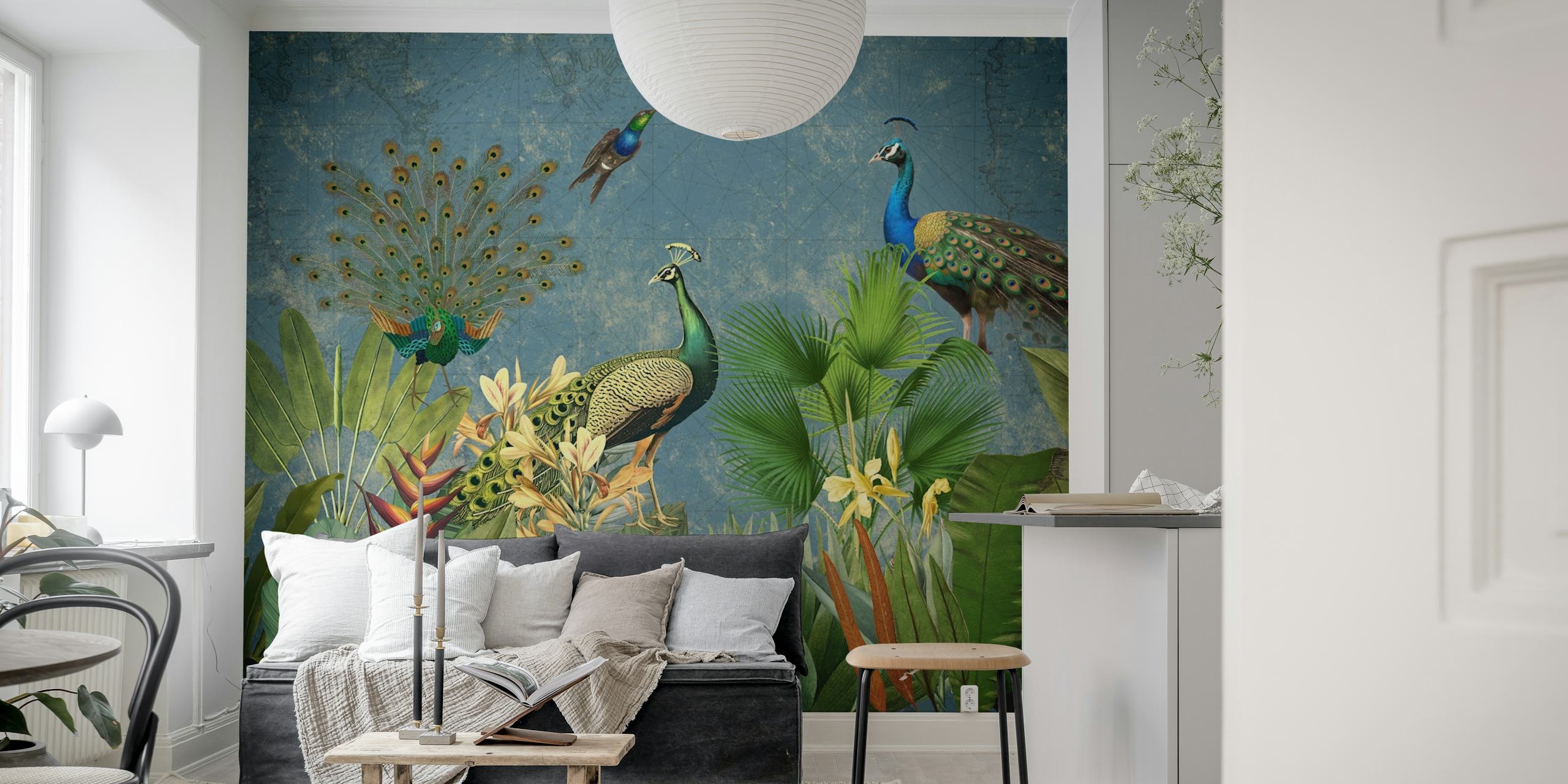 Elegant peacocks among greenery wallpaper in a room