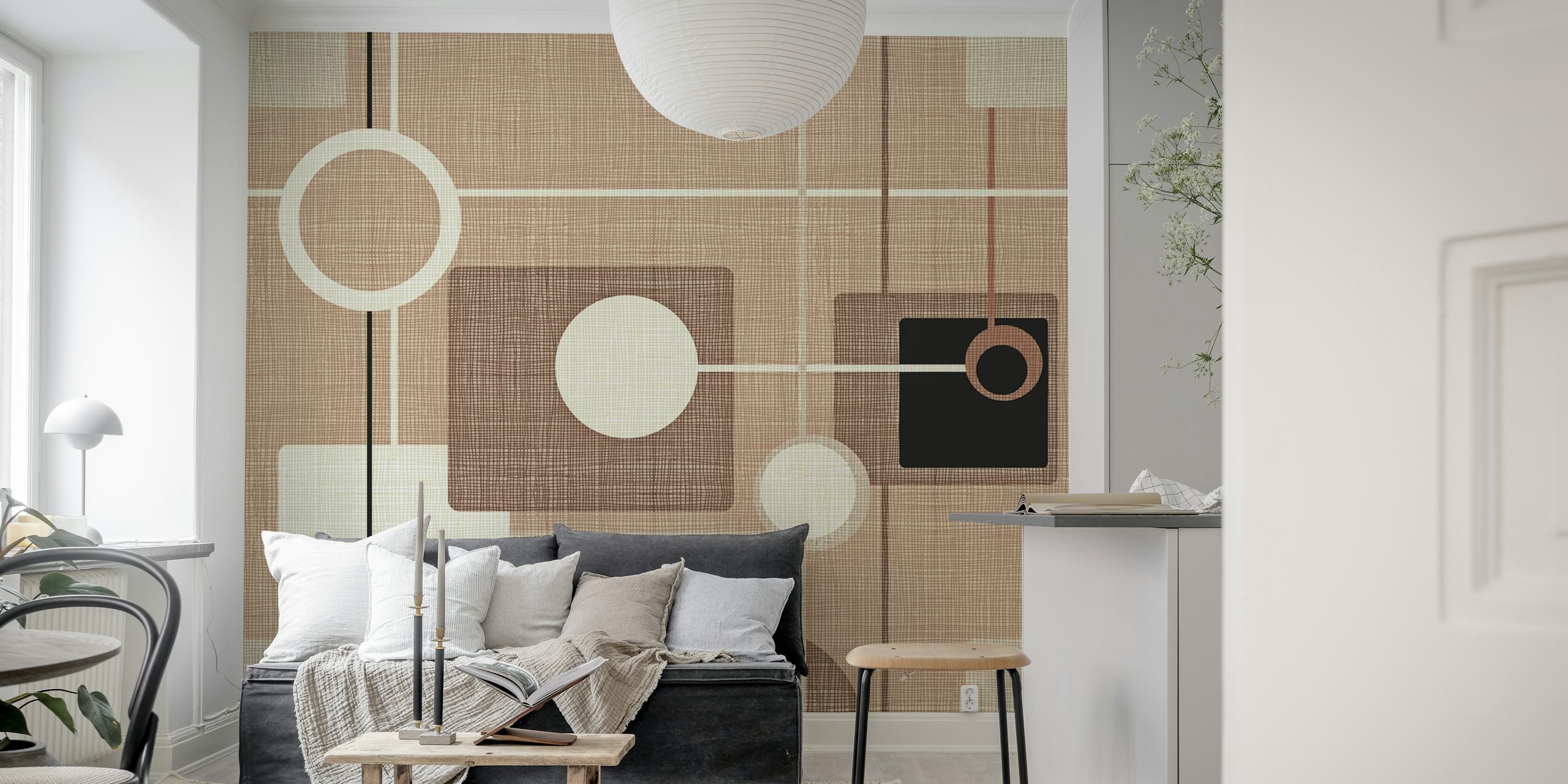 Mid-Century Motif Mocha Tapete in einem Raum
