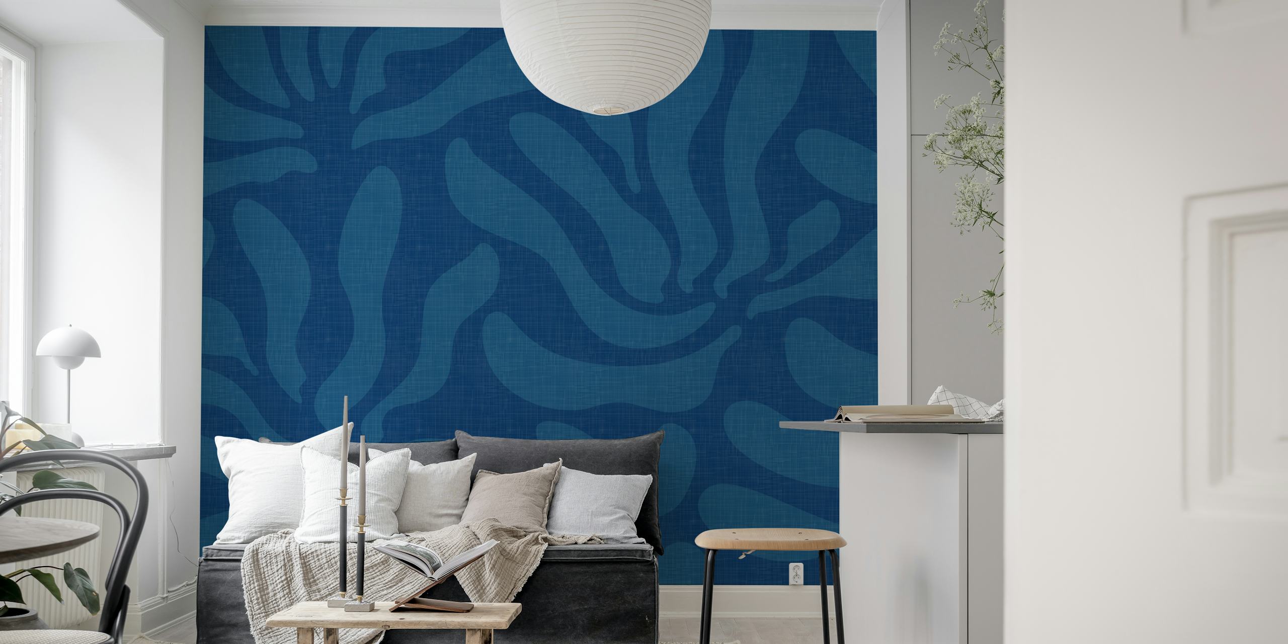 Flowing leaf patterns in ocean blue tones wallpaper
