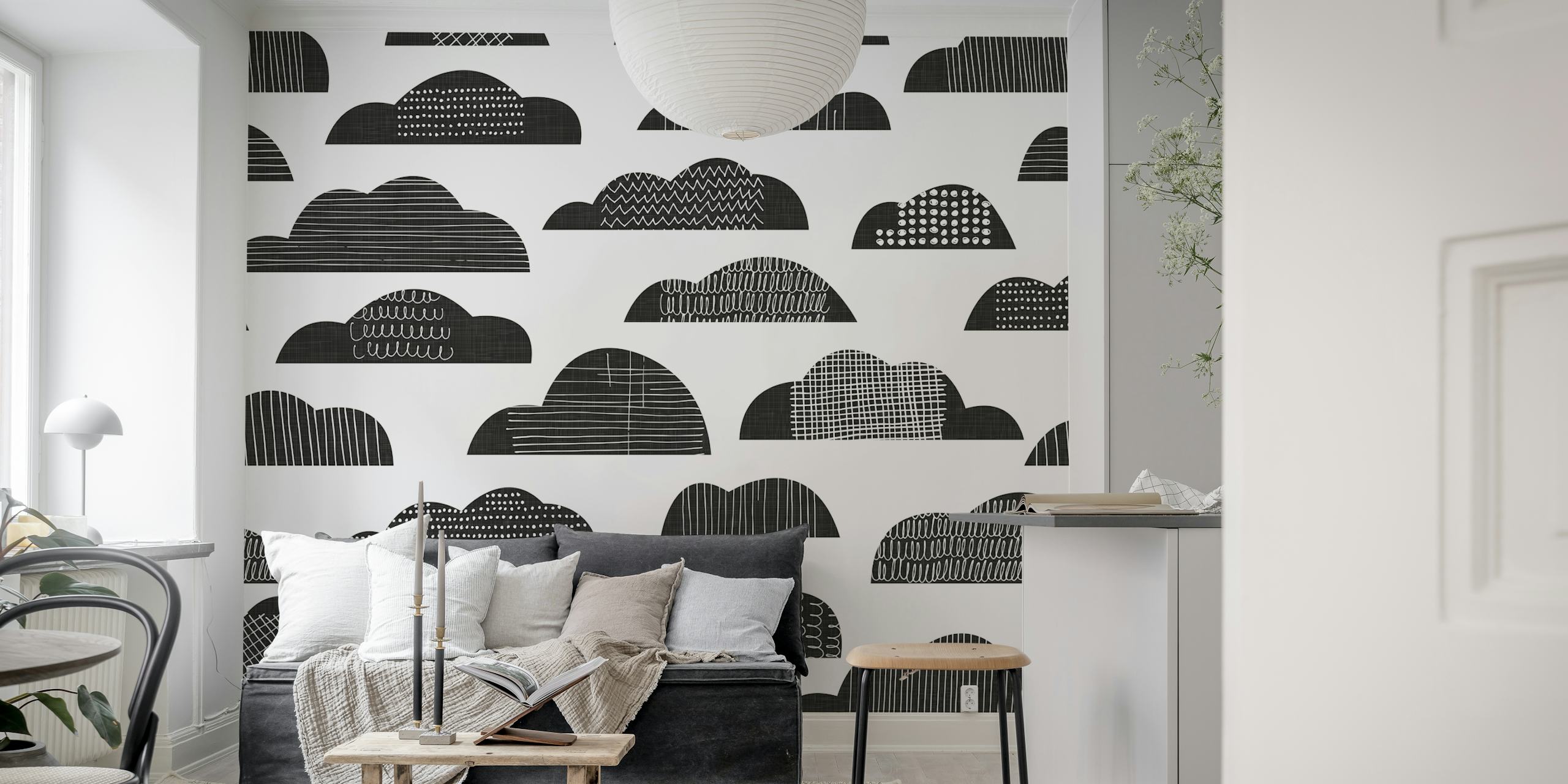 Black and white cloud pattern wallpaper in mid-century modern style