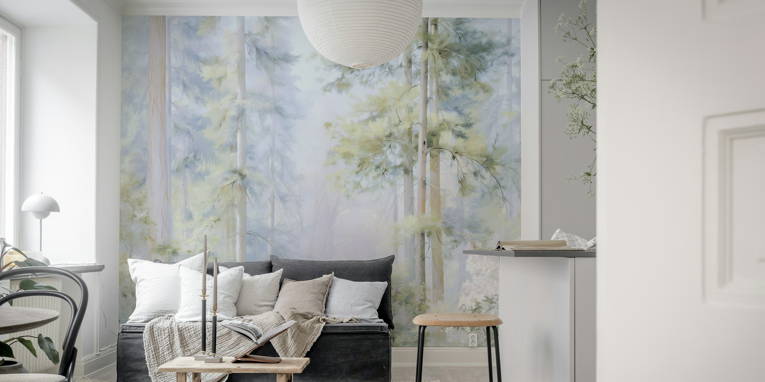 Floral forest scene in soft colors with trees and flowers wallpaper